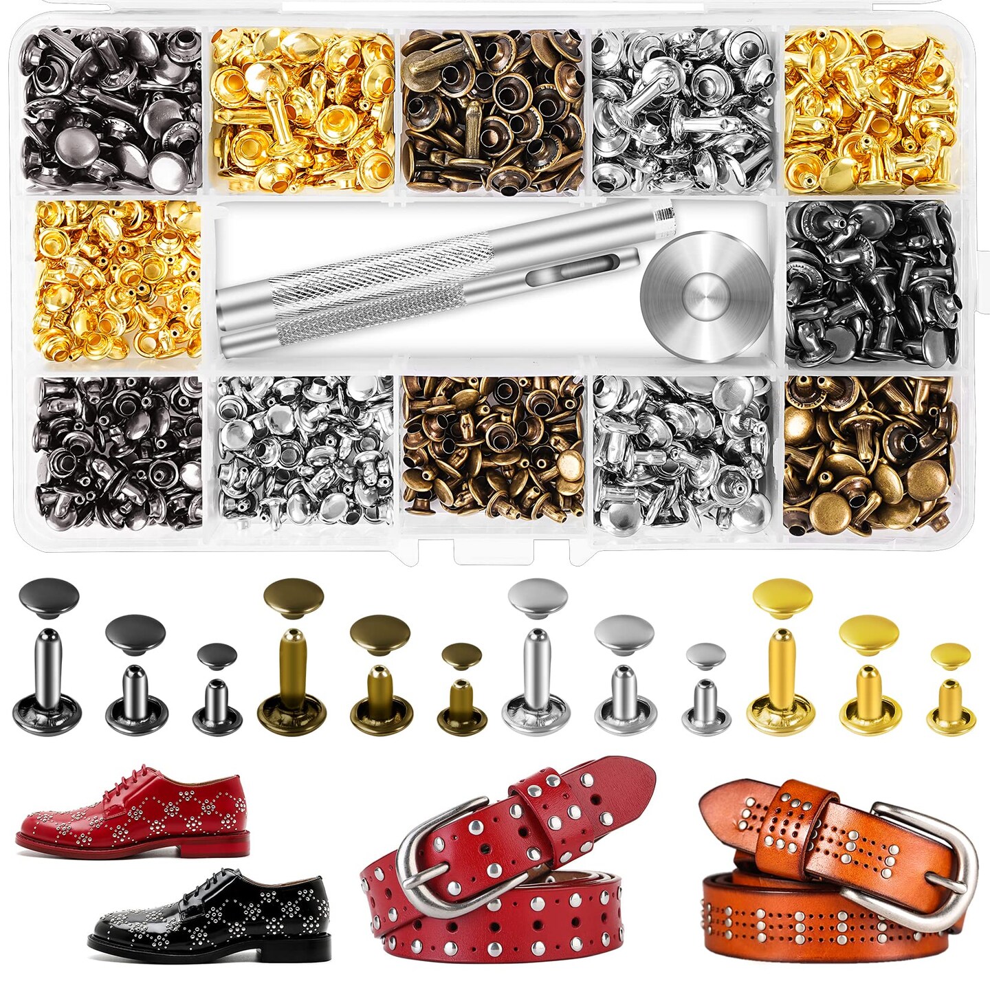 420 Set Leather Rivets Kit, Double Cap Brass Rivets Leather Studs with 3PCS Setting Tools for Leather Repair and Crafts, 4 Colors and 3 Sizes