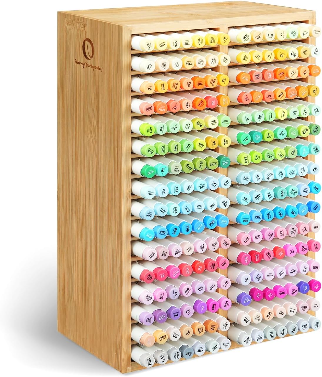 Ohuhu Bamboo Marker Organizer, Wooden Desktop Storage Hold 126/224 Markers, Markers Pens Pencils Art Brushes Stationary Organizer Pencil Holder with 18/32 Compartments for Home Classroom Office Decor