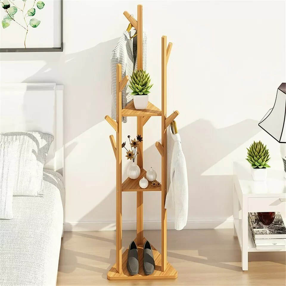 Large Bamboo Wood Clothes Tree Coat Hat Rack Corner Stand w 3 Tier Storage Shelf