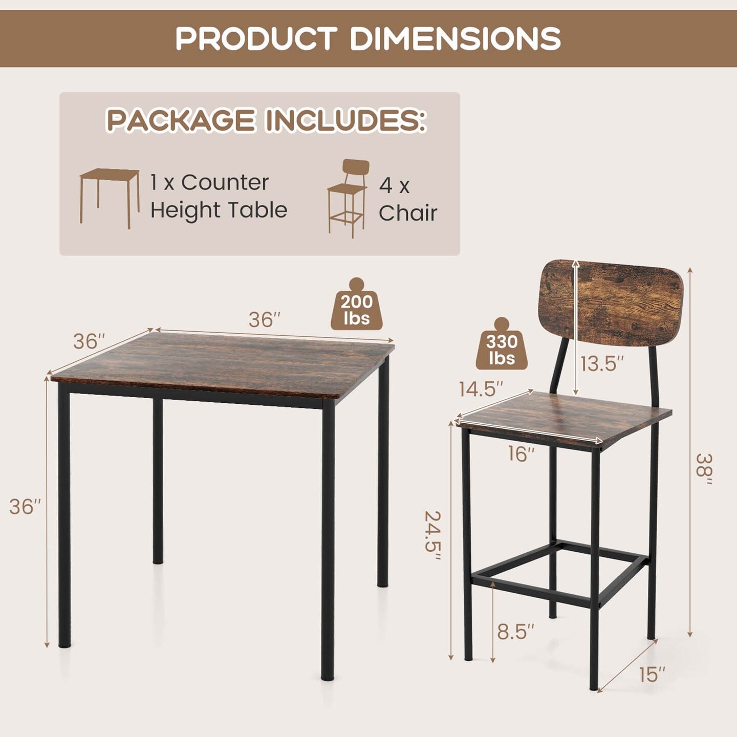 Costway 5-Piece Industrial Dining Table Set with Counter Height Table &#x26; 4 Bar Stools Black/Grey/Walnut