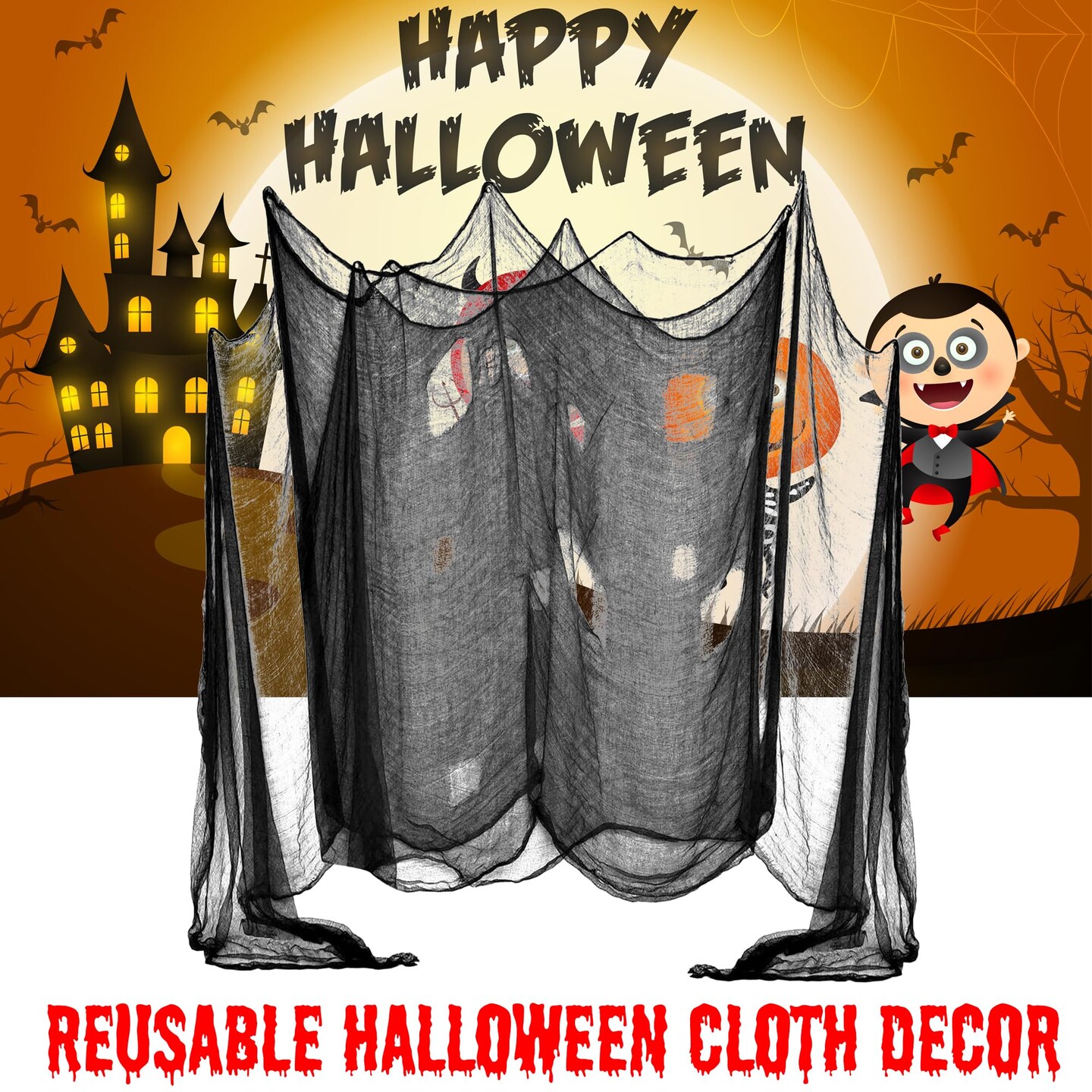 48 x 240 inc  Halloween Creepy Cloth, Spooky Giant Cheese Cloth Tapestry for Halloween Party Supplies Decorations Outdoor Yard Home Wall Decor, Black