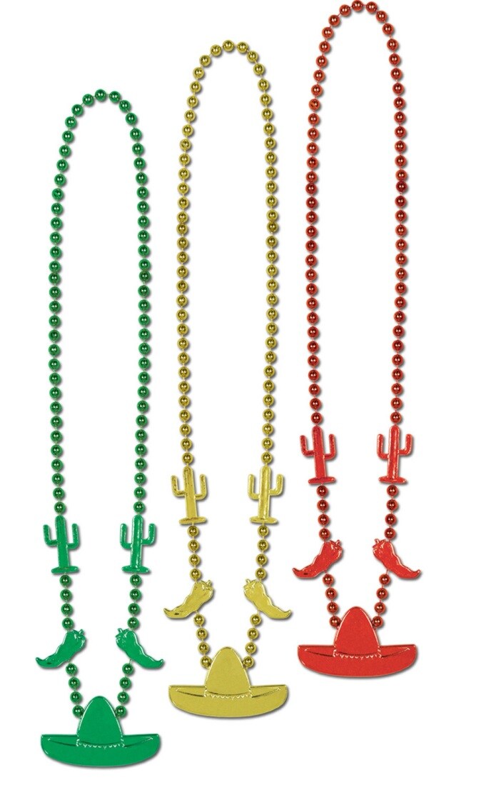 Party Central Pack of 12 Green and Red Mexican Fiesta Cinco de Mayo Party Bead Necklaces 33&#x22;