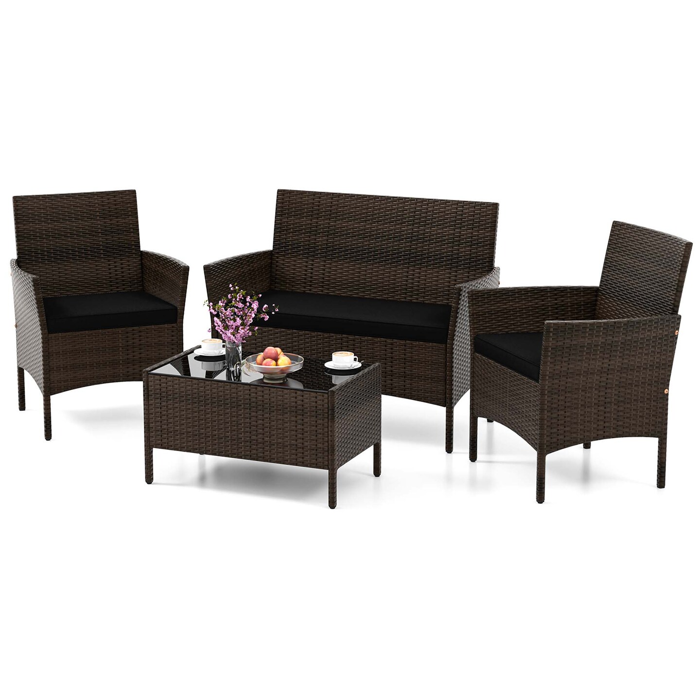 Costway 4 PCS Patio Furniture Set with Washable Cushions and Tempered Glass Coffee Table Beige/Black/Navy/Grey/Turquoise/Red/Blue/Orange