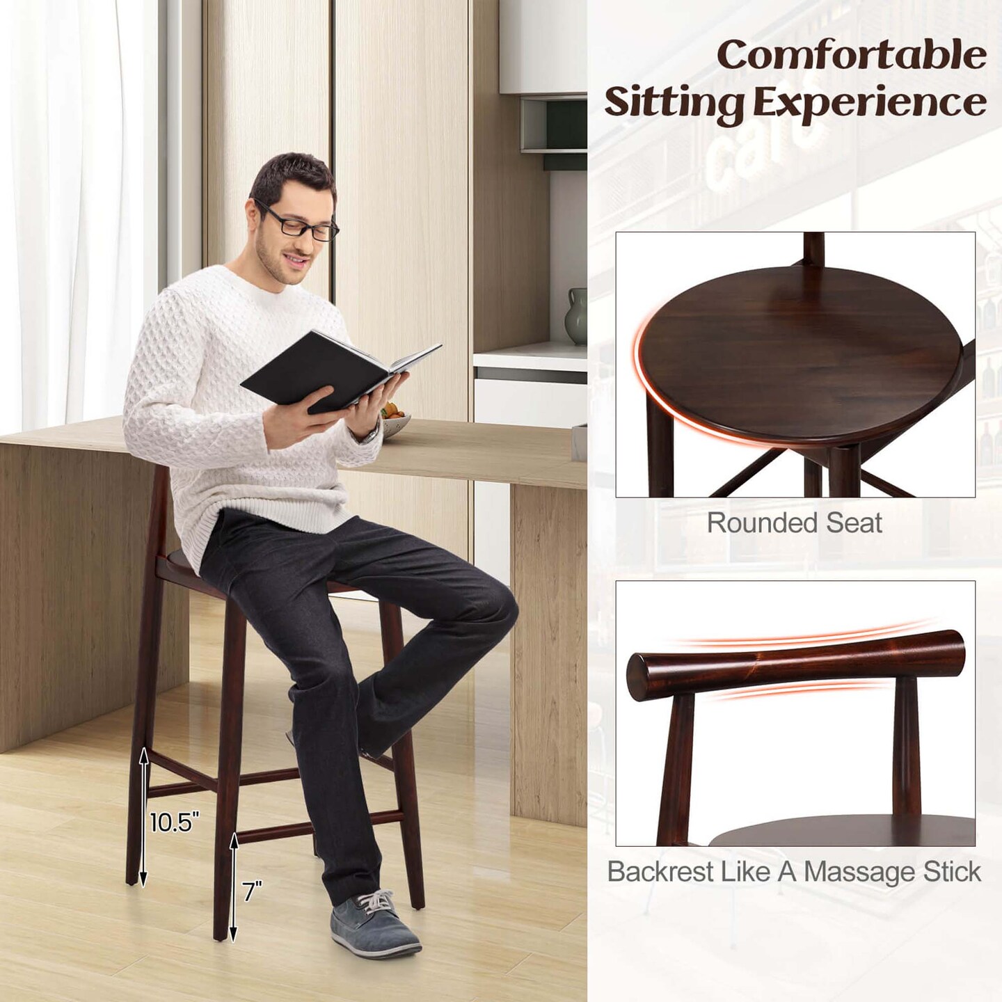 Costway Bar Chair Counter Height Stools Set of 2/4 with Acacia Wood Frame Supporting Legs Brown