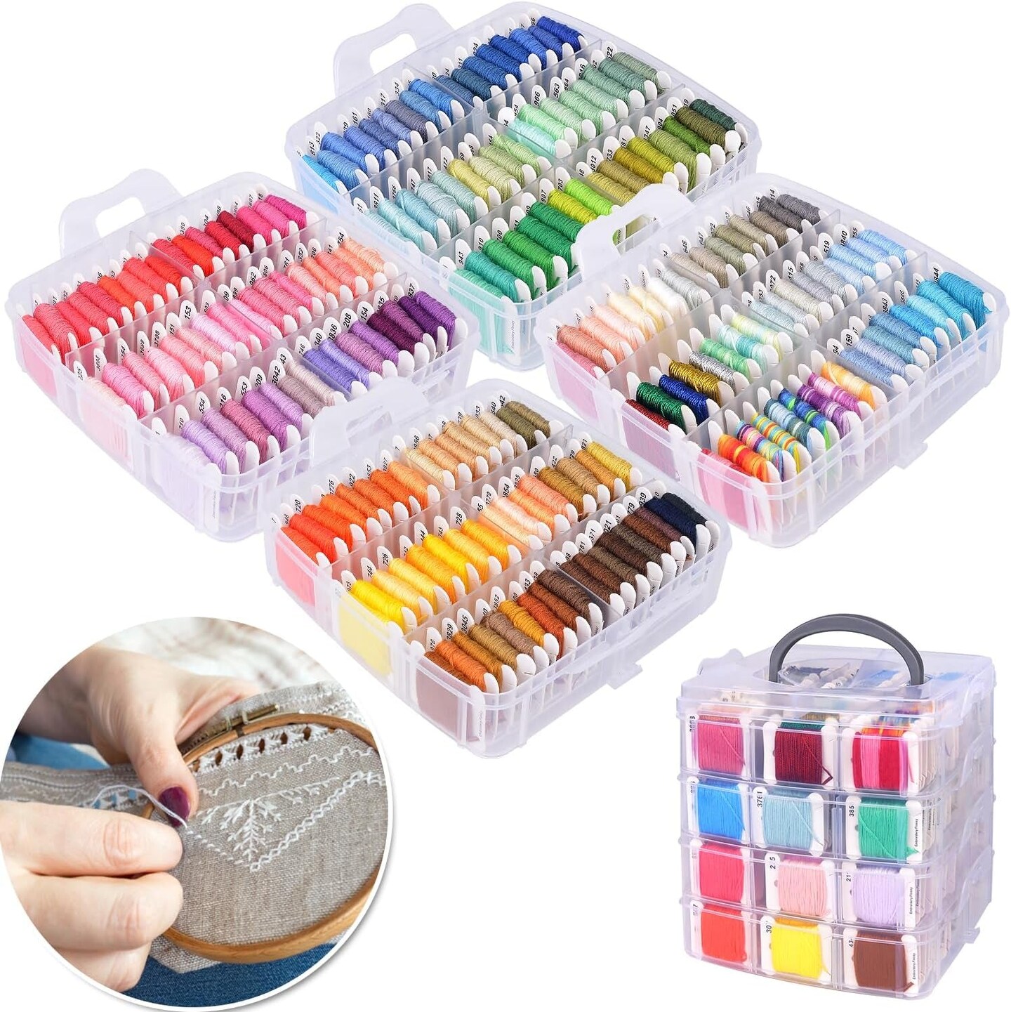 Embroidery Thread Kit Including 200 Skeins Embroidery Floss 30 Skeins White &#x26; Black Embroidery Thread Cross Stitch Tool for Friendship Bracelets Arts DIY Crafts with 4-Tier Transparent Box