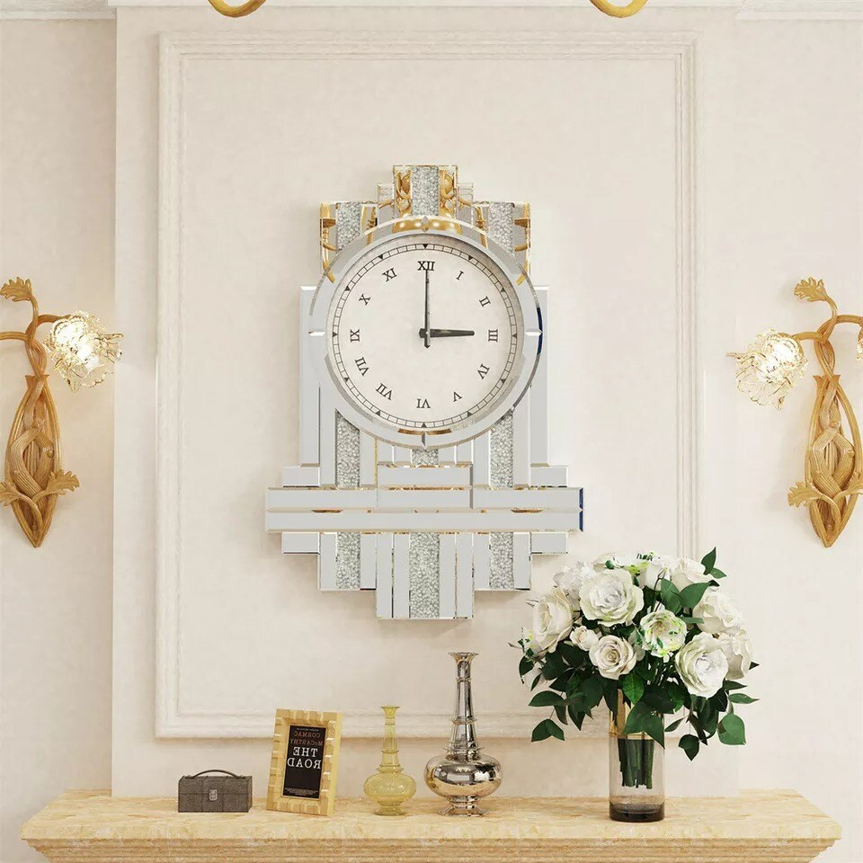 Mirror Wall Clock Roman Numerals Hanging Clocks Silent No Ticking Home Decor