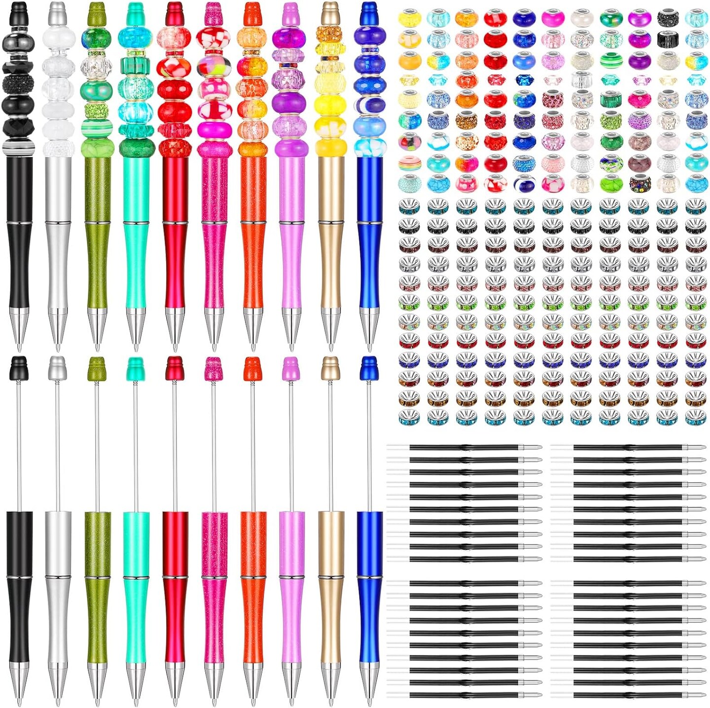 300 Pcs Beadable Pen Set - 20 Pens, 40 Refills, 240 Retro Color Rhinestone Beads for DIY Projects