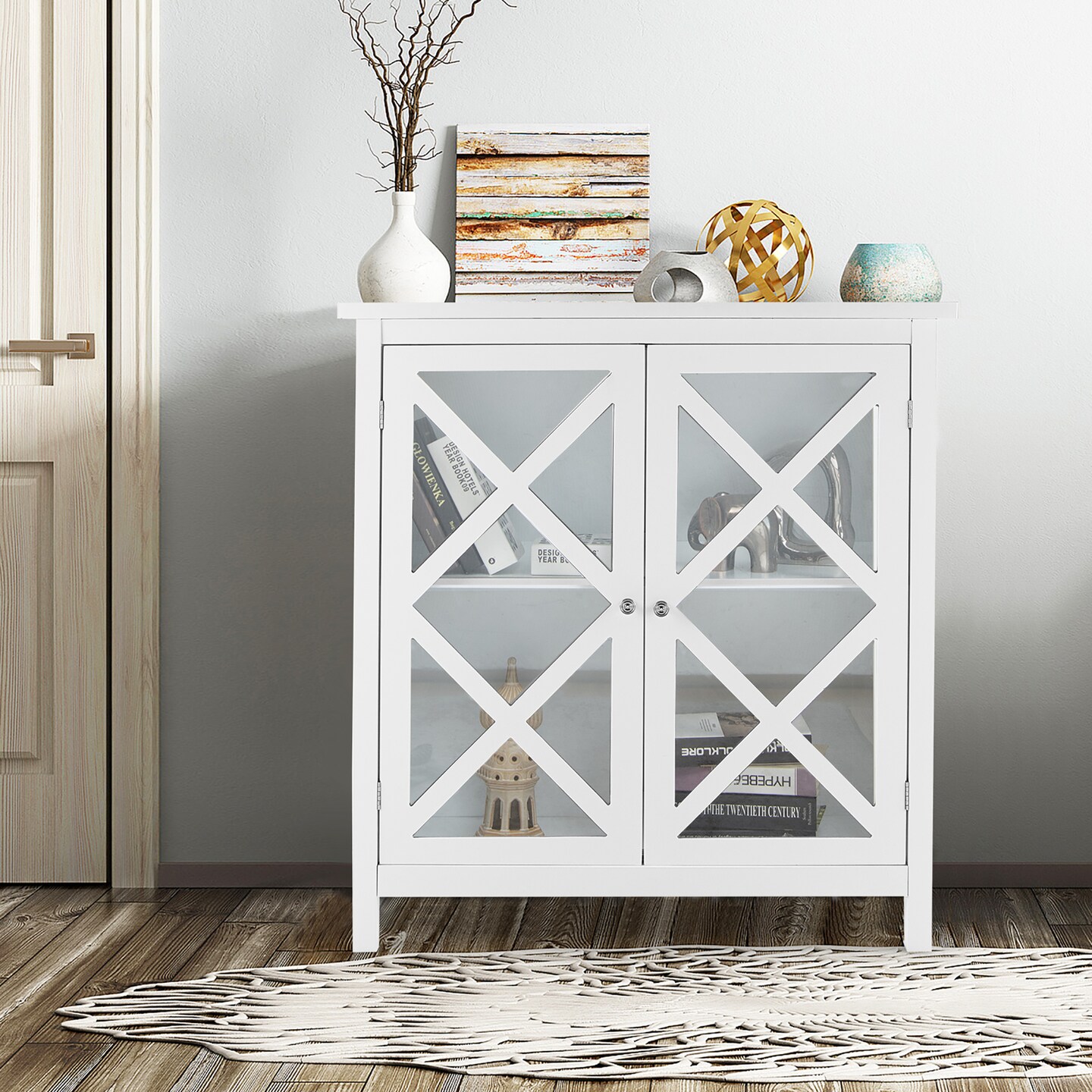 Costway Kitchen Buffet Sideboard Storage Cabinet w/Glass Doors & Adjustable Shelf White\Brown