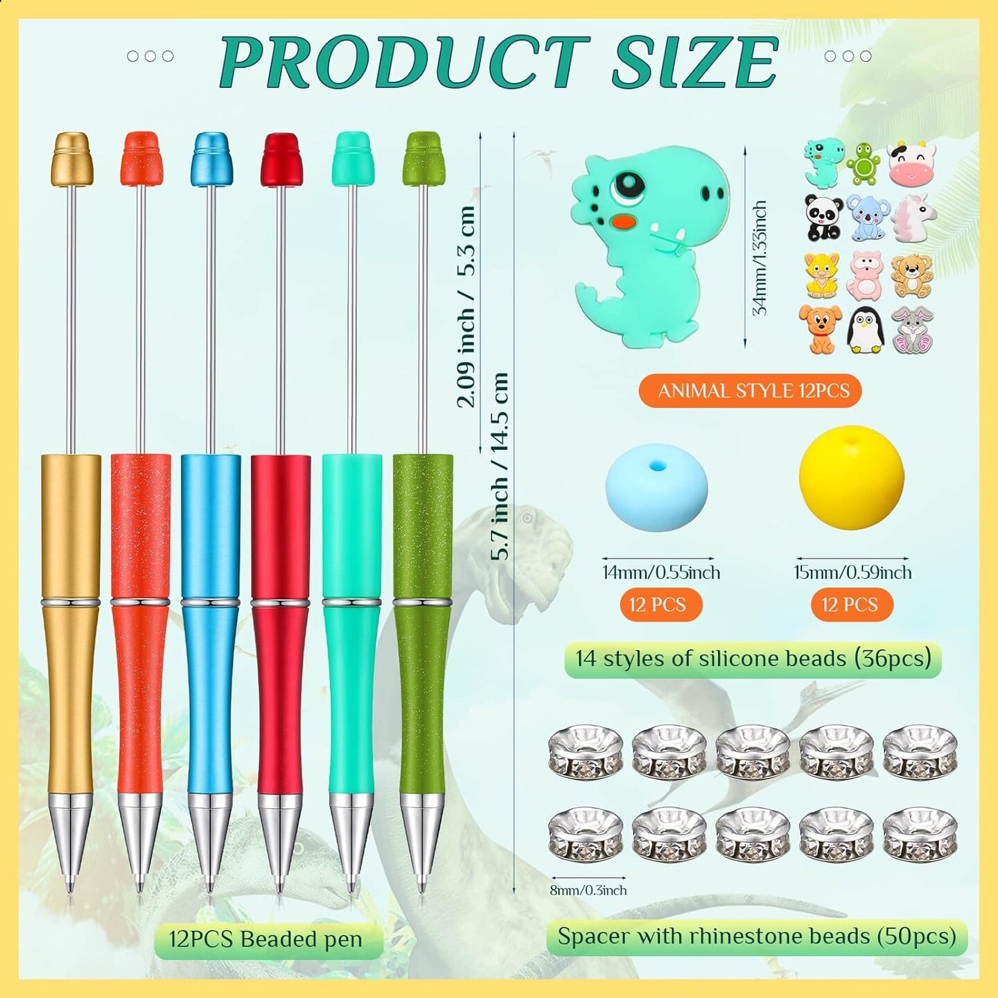 12 Pieces Beadable Pens Kit with Silicone Focal Beads, Animal Style, Black Ink, for DIY School Supplies