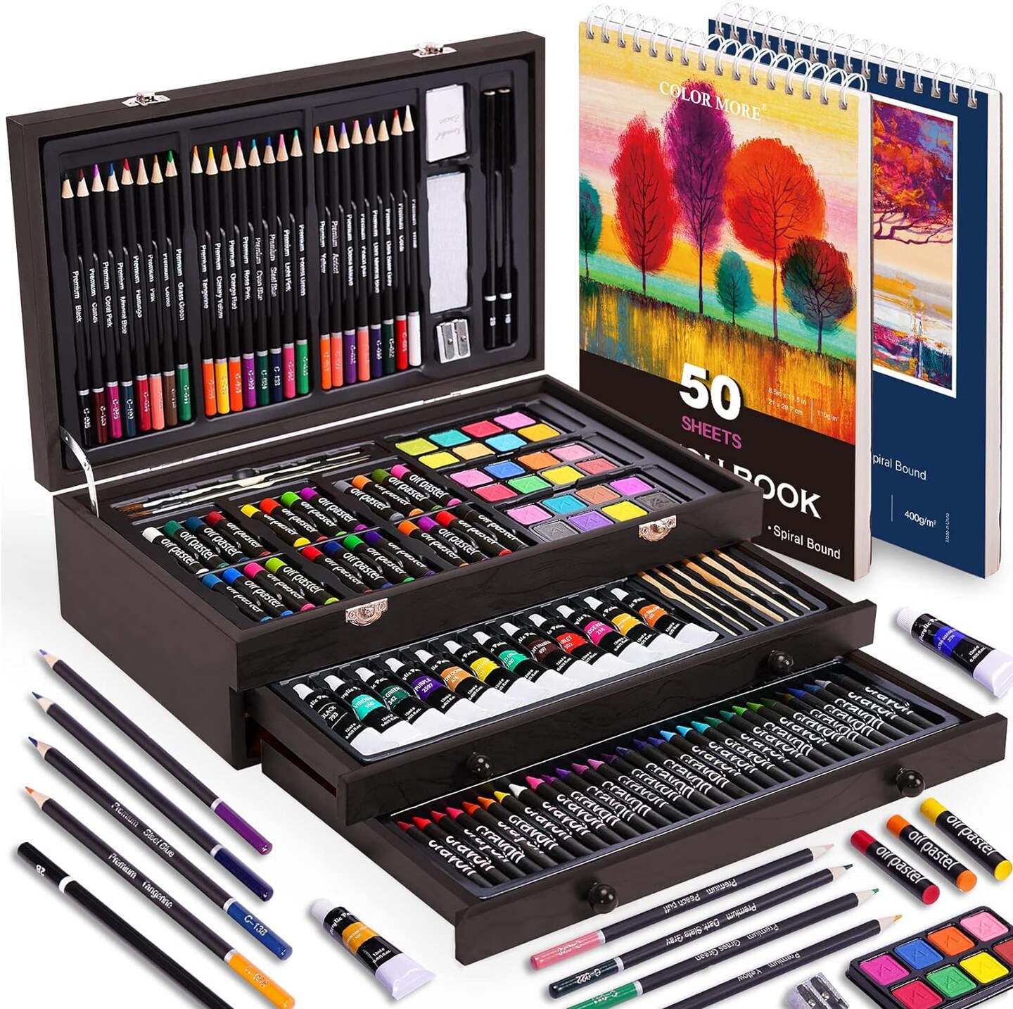 175 Piece Deluxe Art Set with 2 Drawing Pads, Acrylic Paints, Crayons, Colored Pencils, Paint Set in Wooden Case, and Professional Art Kit.Art supplies for adults, teenagers, and artists, paint supplies