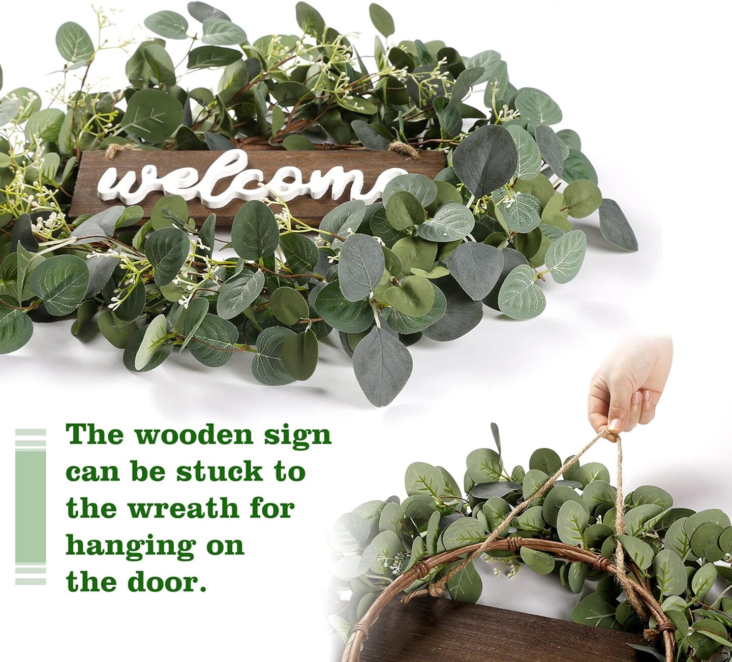 20-inch Green Eucalyptus Wreath with &#x22;Welcome&#x22; Sign &#x2013; Front Door Decor