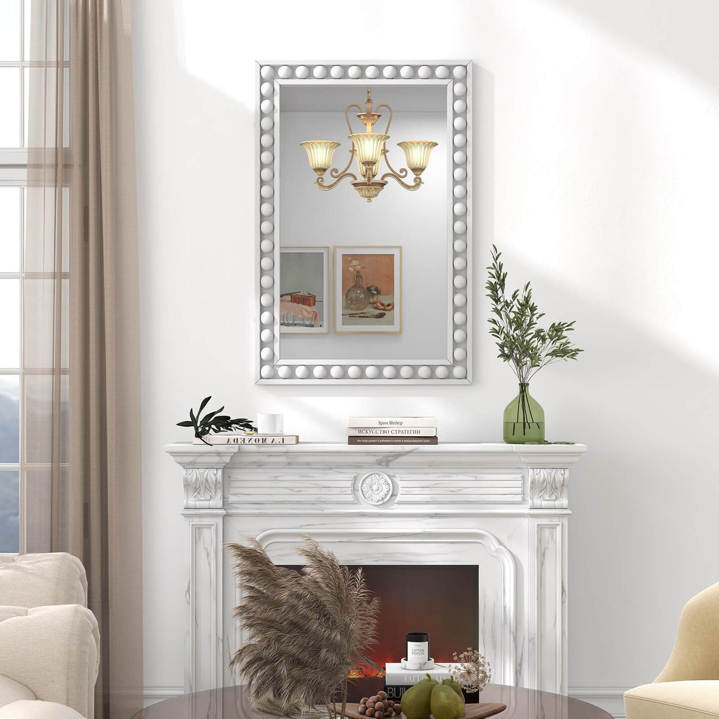 Costway 24&#x22; x 36&#x22; Rustic Decorative Wall Mirror with Solid Wood Frame Beads for Living Room Brown/White