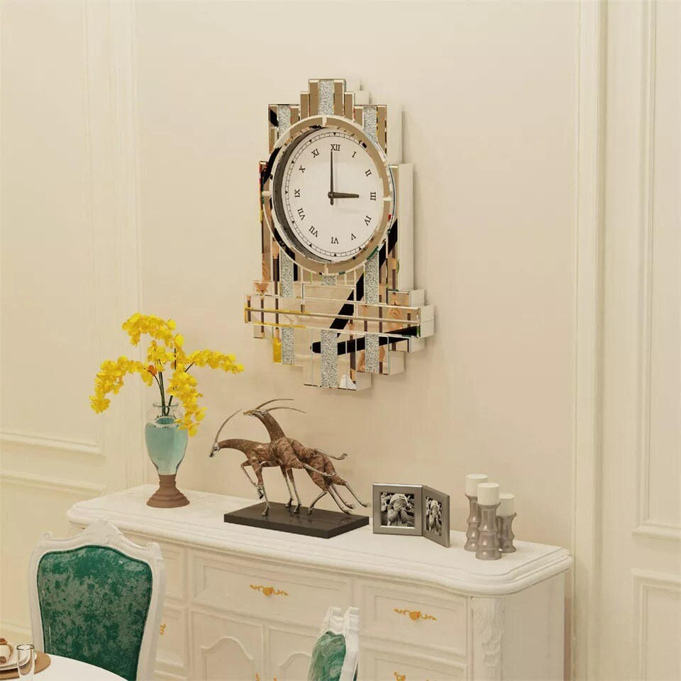 23.6&#x27;&#x27; Mirrored Wall Clock Modern Crystal Crush Diamond Silver Glass Home Decor