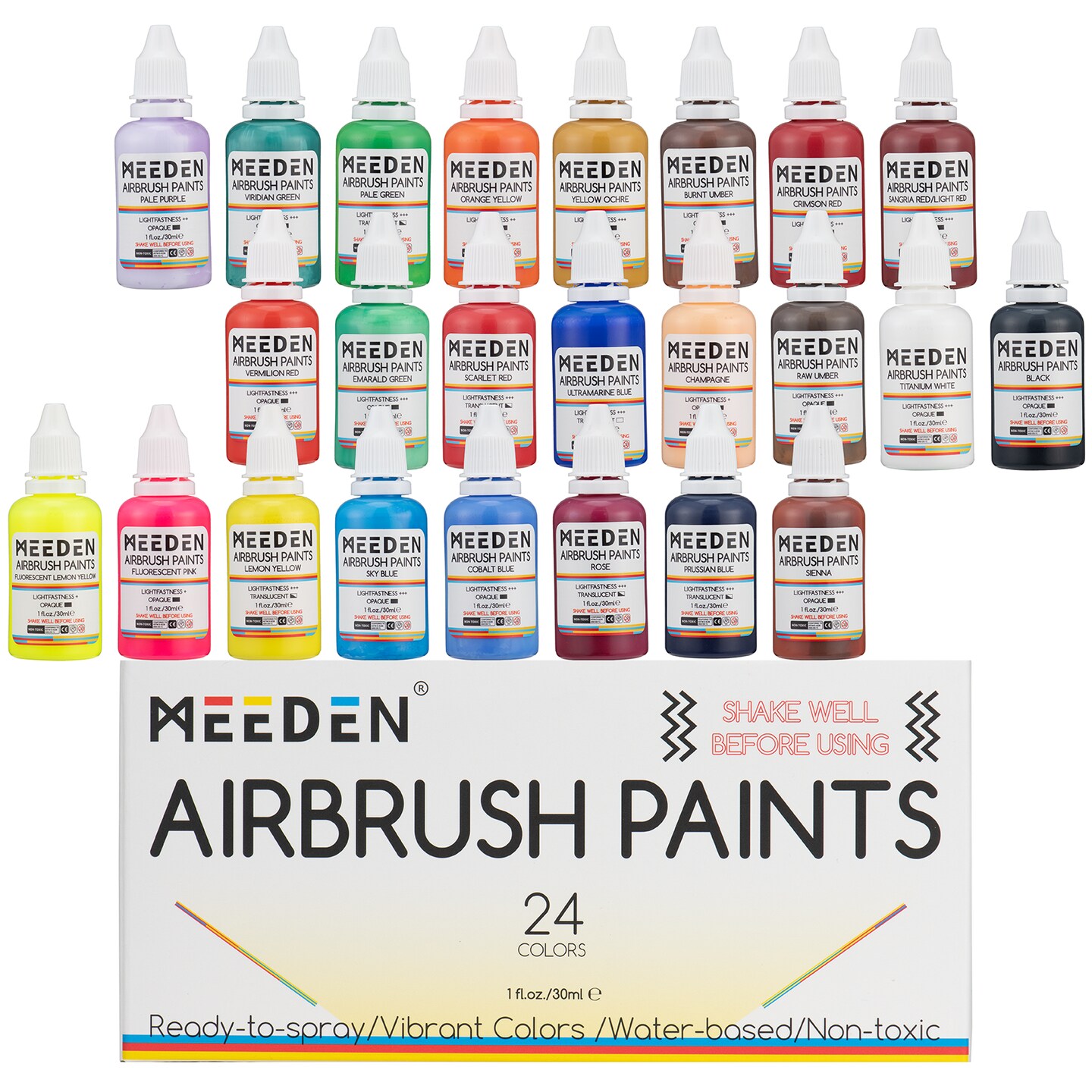 MEEDEN Airbrush Paint Set - 24 Colors x 30ml Acrylic Airbrush Paint Kit, Ready to Spray, Water-Based