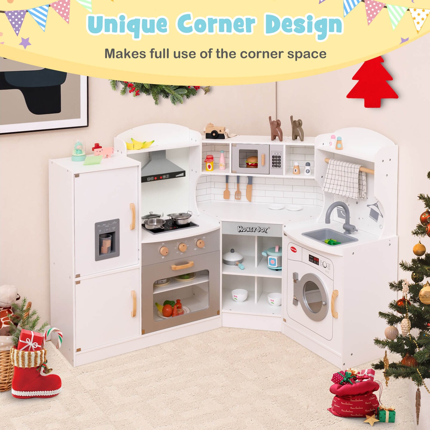 Costway Corner Play Kitchen Toddler Kitchen Playset with Range Hood, Ice Maker, Microwave White/Pink
