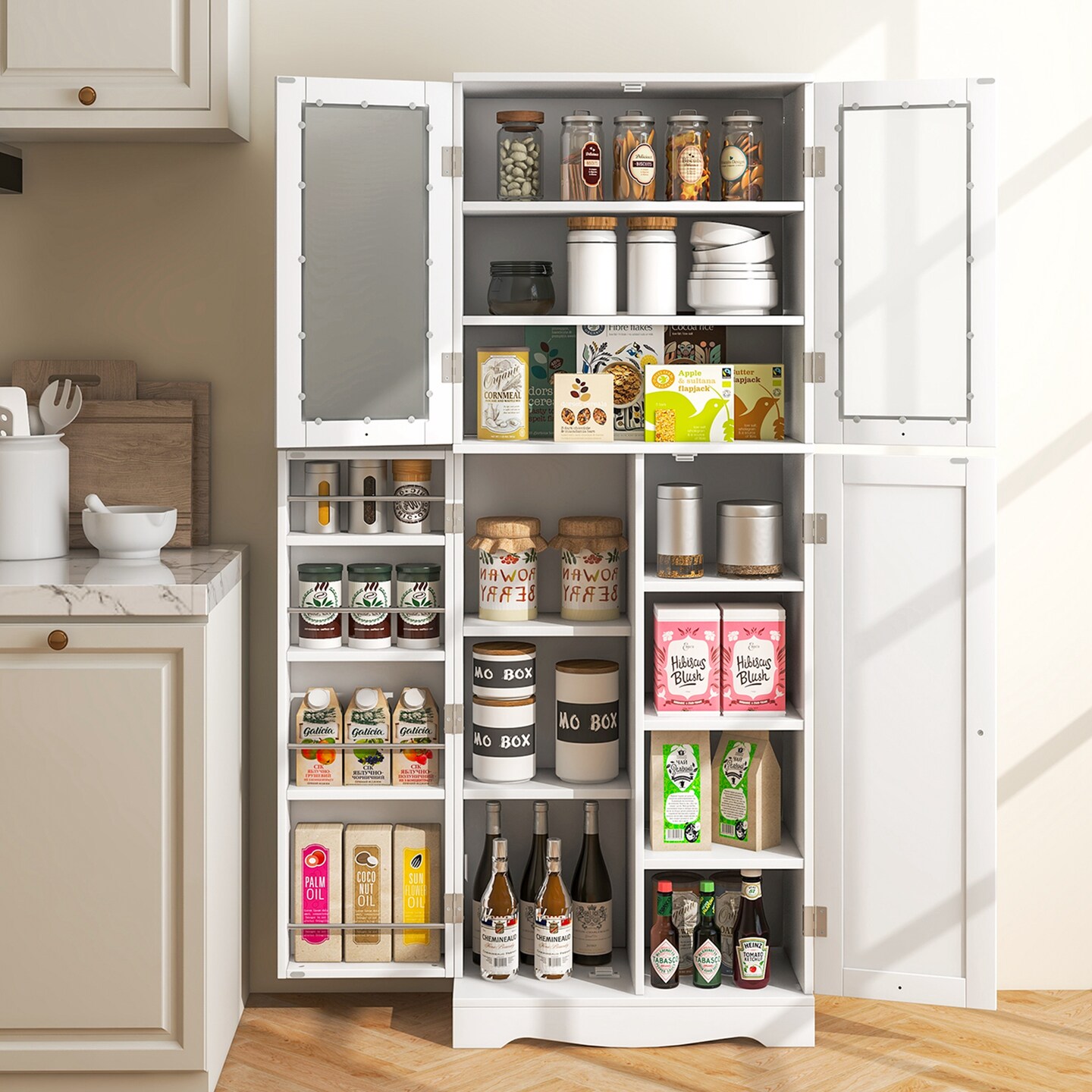 Costway 63.5&#x22; Tall Kitchen Pantry Storage Cabinet with Glass Door Storage Shelves Black/White