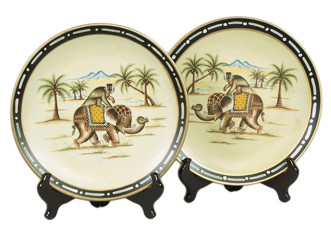 Pair of Elephant With Monkey Decorative Plates 10 Inch Diameter