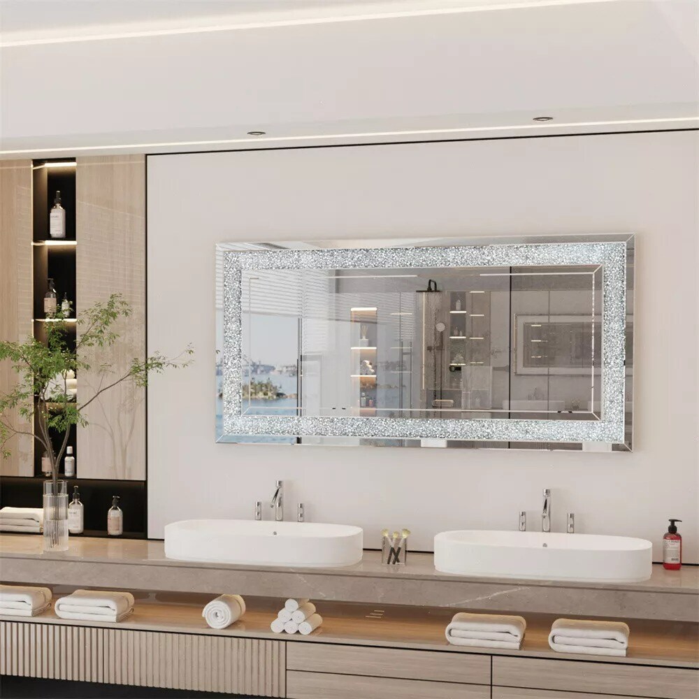 120cm Long Mirror Rectangle Silver Sparkly Crush Diamond Wall Mounted Home Décor