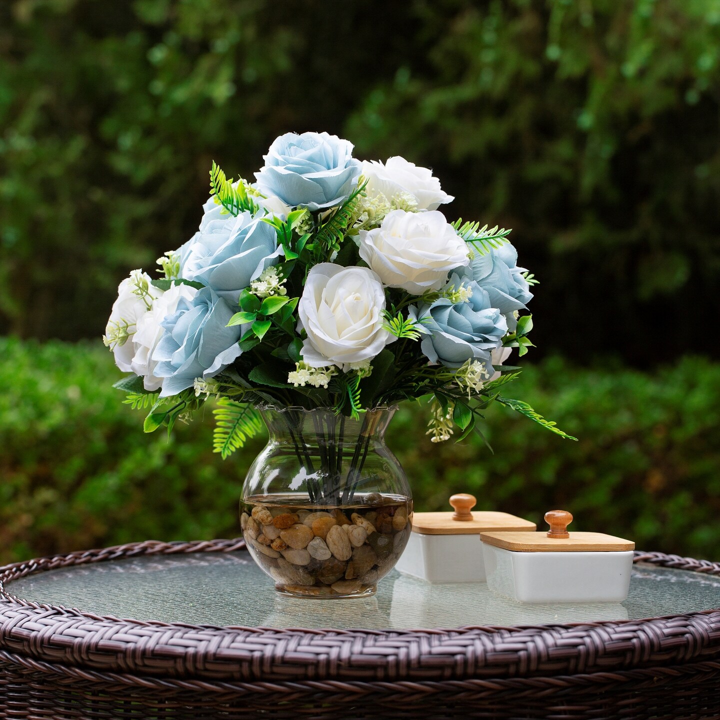 18 Heads Silk Rose Artificial Flowers in Vase,Faux Rose Flowers Arrangement in Round Bowl Vase with Faux Water and River Rock for Table Deco - image8