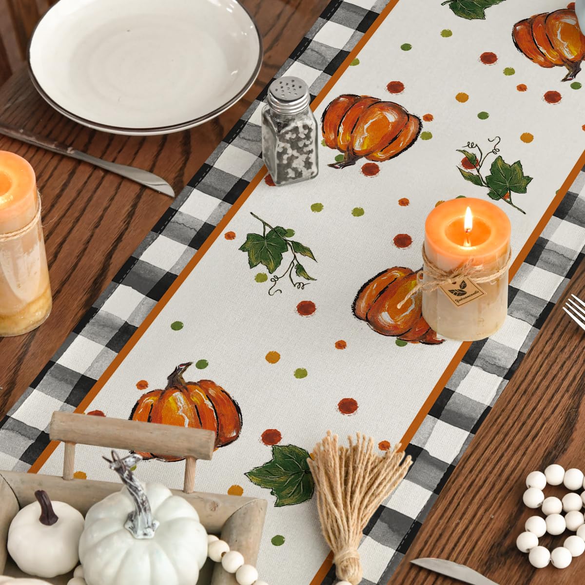 Pumpkin Bow Buffalo Plaid Fall Table Runner,Seasonal Autumn Kitchen Dining Table Decoration for Home Party Decor 13x72 Inch