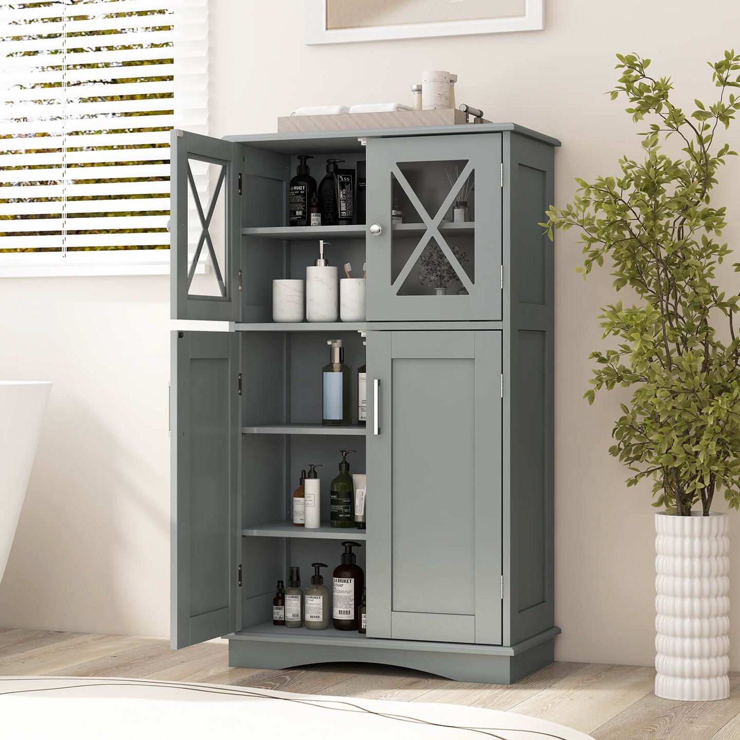 Costway Bathroom Storage Cabinet Linen Storage Cabinet with Doors and Adjustable Shelves Black/Grey/Brown/White