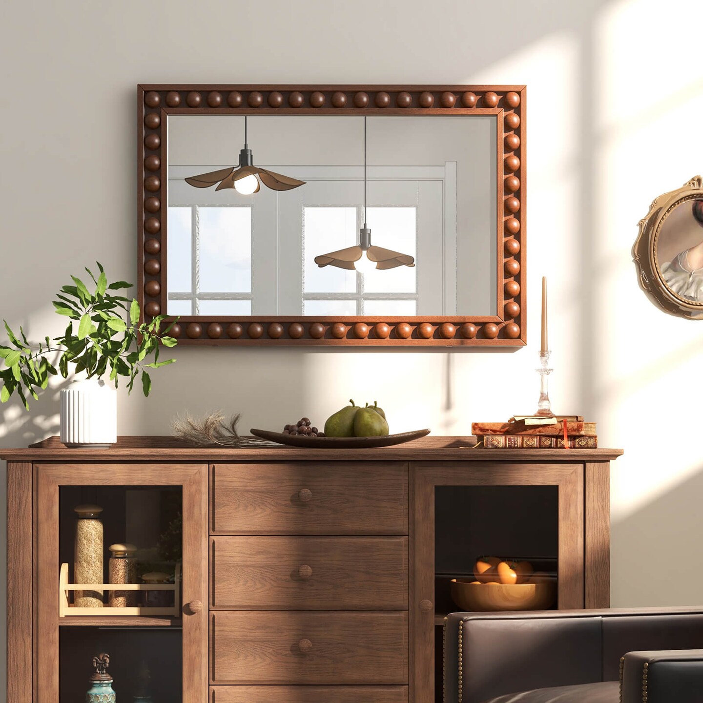 Costway 24" x 36" Rustic Decorative Wall Mirror with Solid Wood Frame Beads for Living Room Brown/White