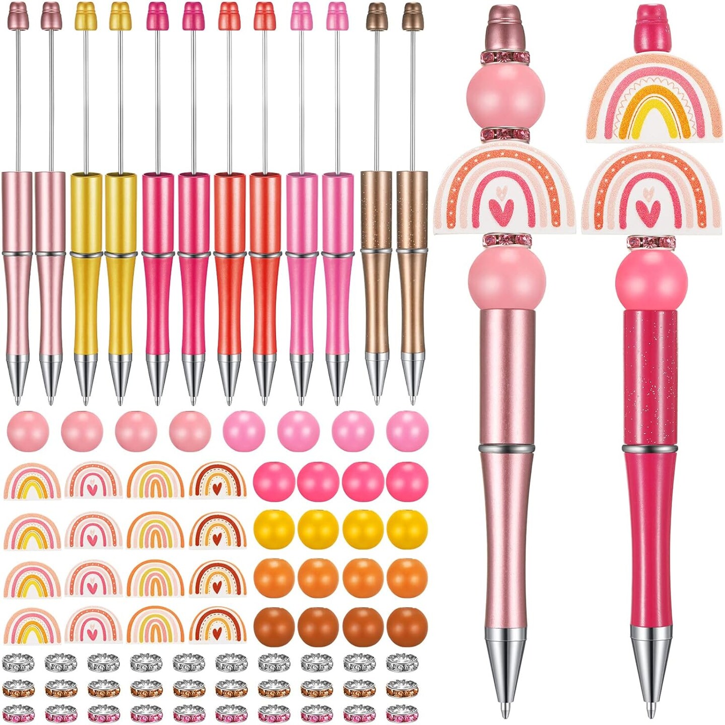 12 Set Beadable Pens DIY Kit - Assorted Beads, Black Ink, Rainbow Design