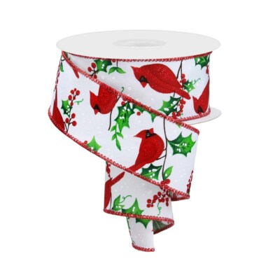 1.5&#x22; x 10yd Cardinal and Holly Berries Christmas Wired Ribbon - Festive Red, Green, and White Holiday Ribbon -RGE153027
