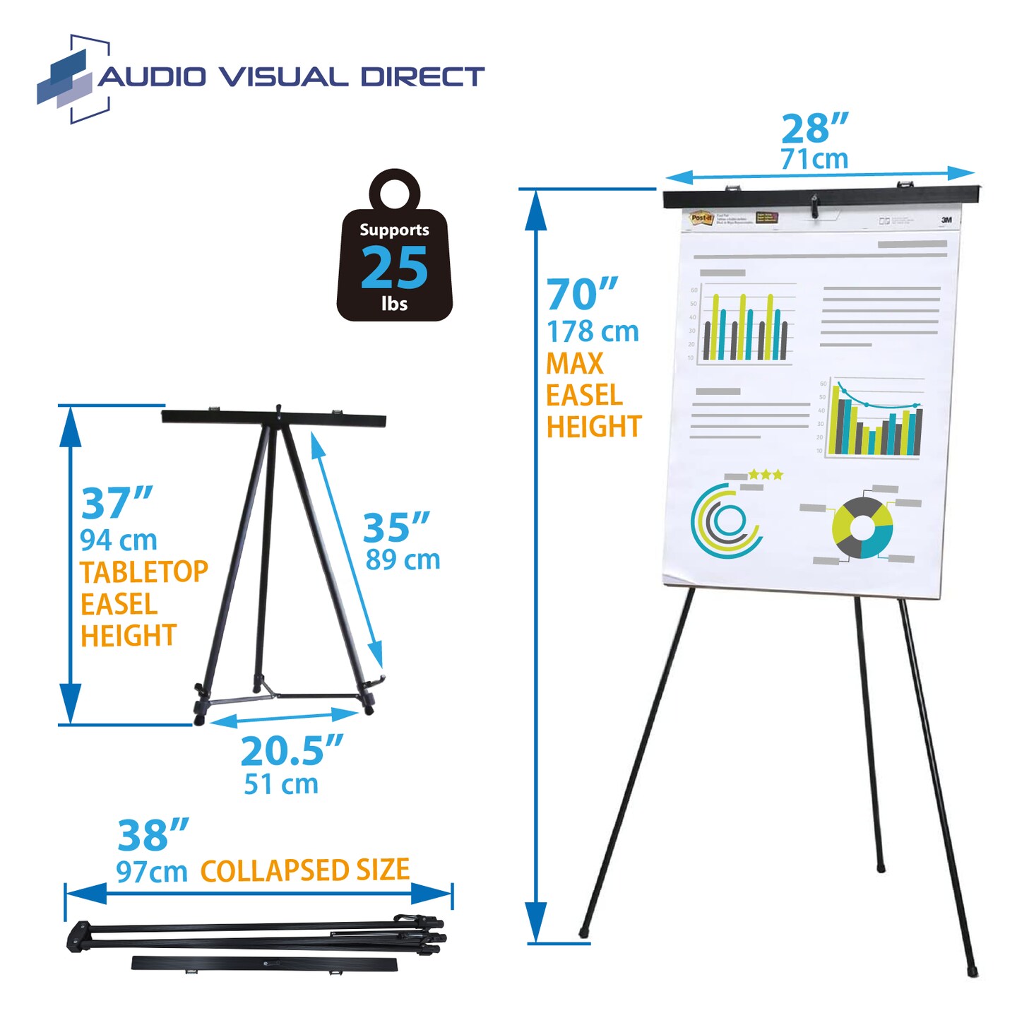Audio-Visual Direct Lightweight Aluminum Flip-Chart Presentation Easel, 70 Inches, Black