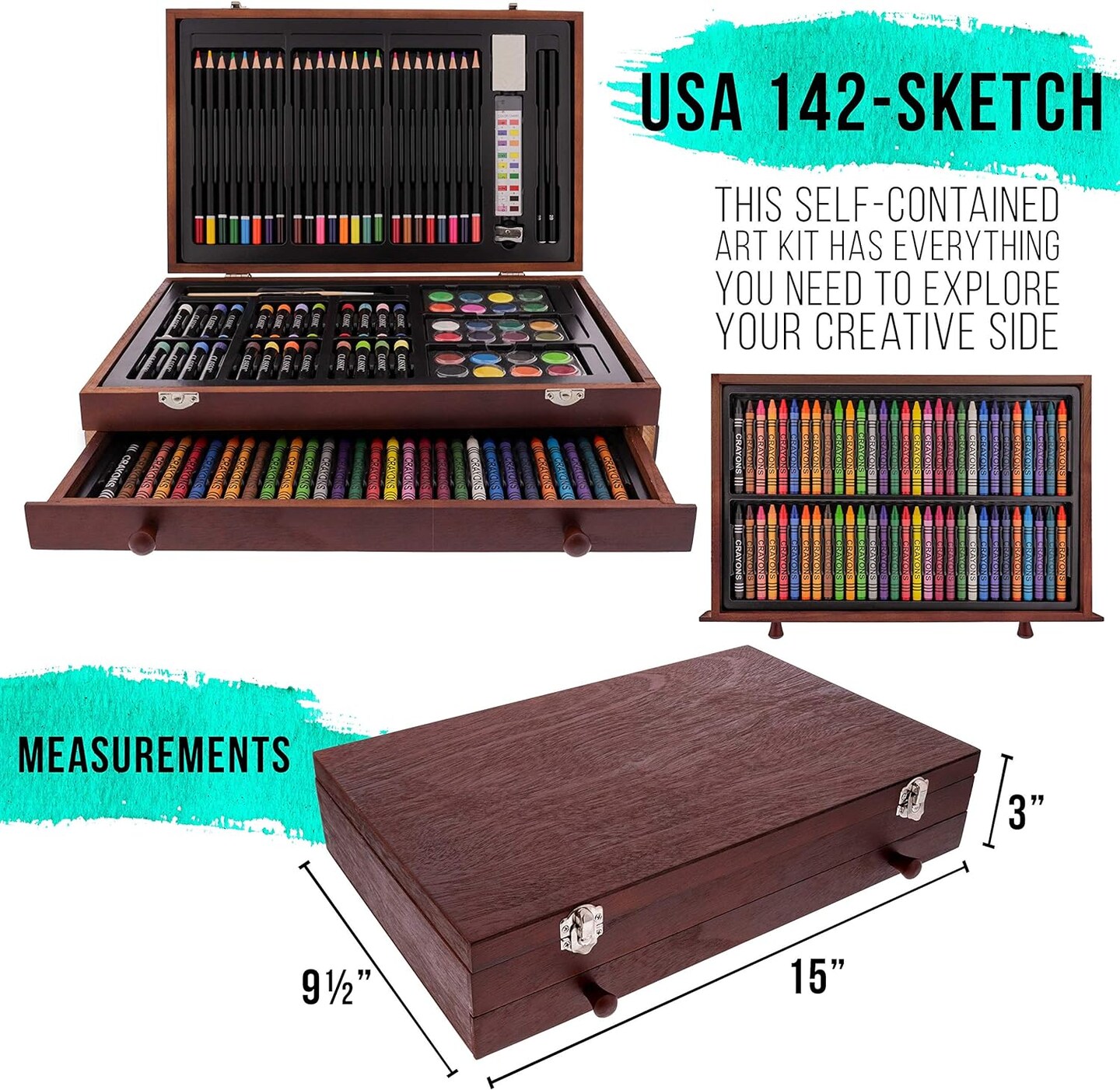 The 162-piece Deluxe Mega Wood Box Art Painting and Drawing Set includes an artist&#x27;s painting pad, two sketch pads, 24 watercolor paint colors, 24 oil pastels, 24 colored pencils, 60 crayons, and two brushes.