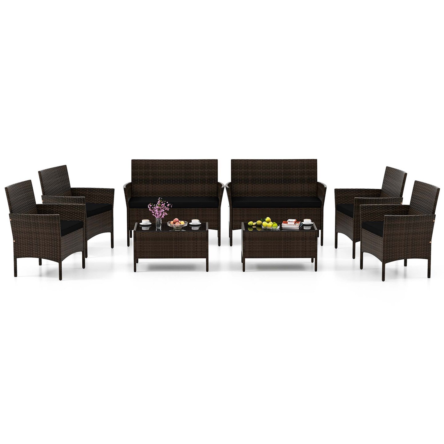 Costway 8 PCS Patio Furniture Set with Washable Cushions and Tempered Glass Coffee Table Black/Grey/Navy/Turquoise/Red/Blue/Orange