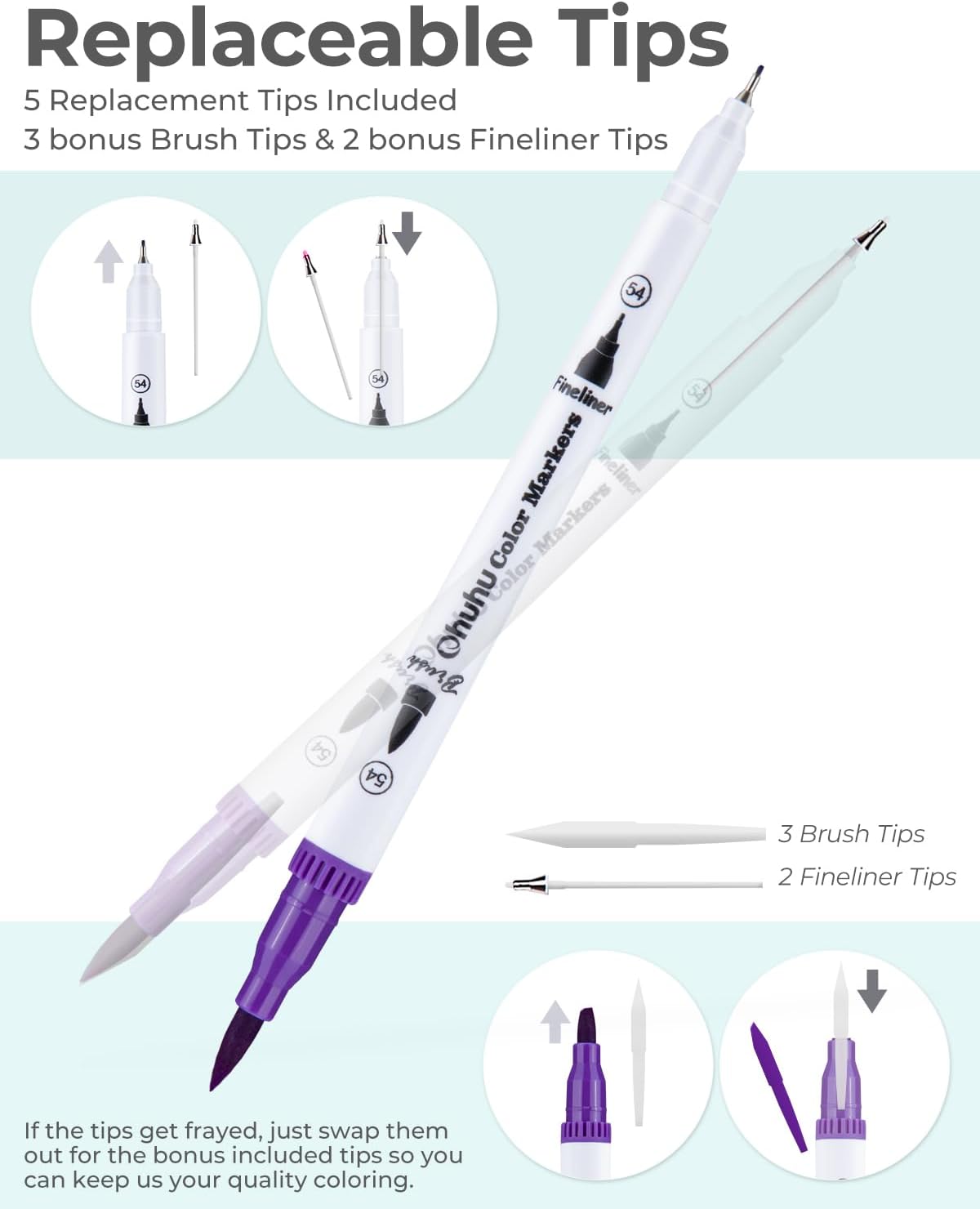 Ohuhu Markers for Adult Coloring Books: 60 Colors Coloring Markers Dual Tips Fine &#x26; Brush Pens Water-Based Art Markers for Kids Adults Drawing Sketching Bullet Journal Non-bleeding - Maui - White