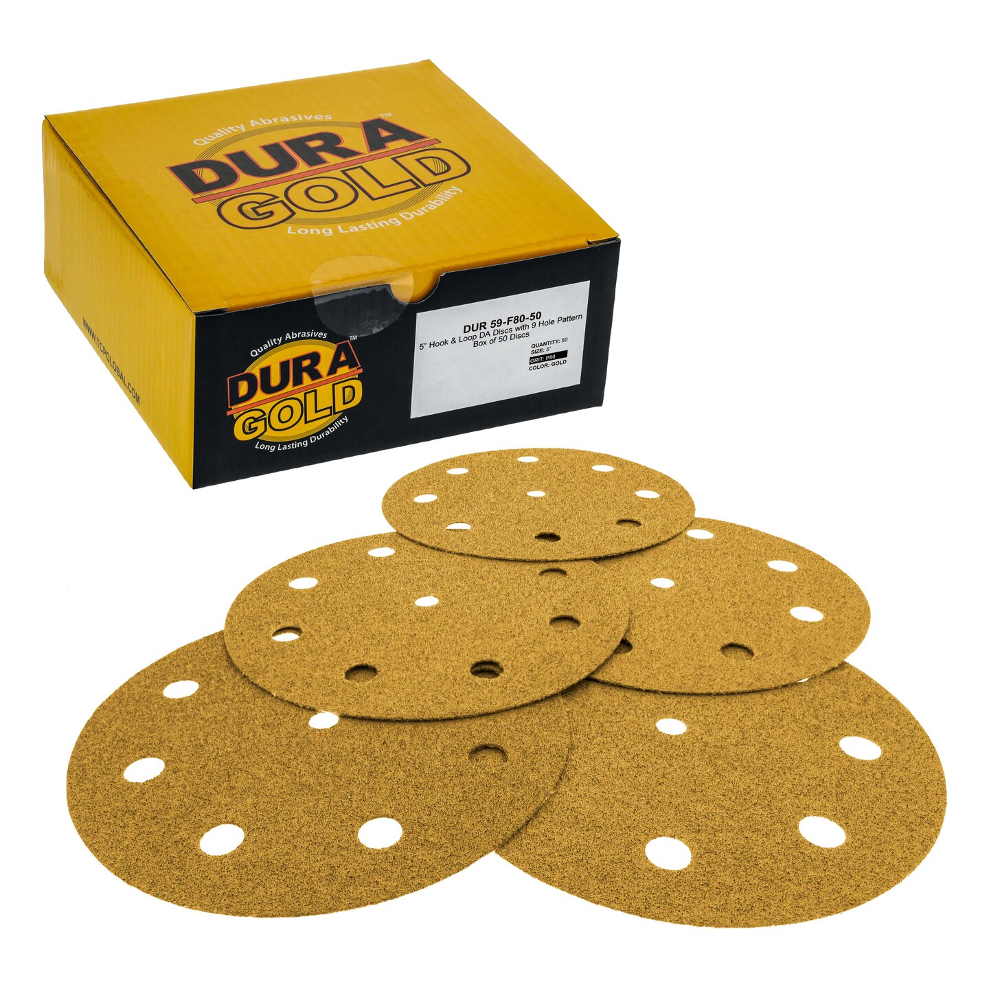 80 Grit - 5&#x22; Gold DA Sanding Discs - 9-Hole Pattern Hook and Loop - Box of 50