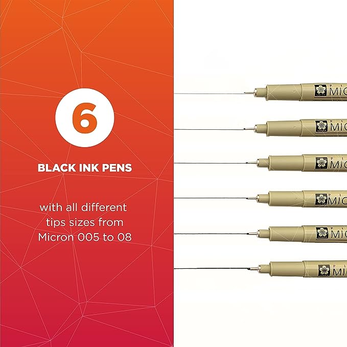 Pigma Micron Fineliner Pens - Archival Black Ink Pens - Pens for Writing, Drawing, and Journaling - Assorted Point Sizes - 6 Pack