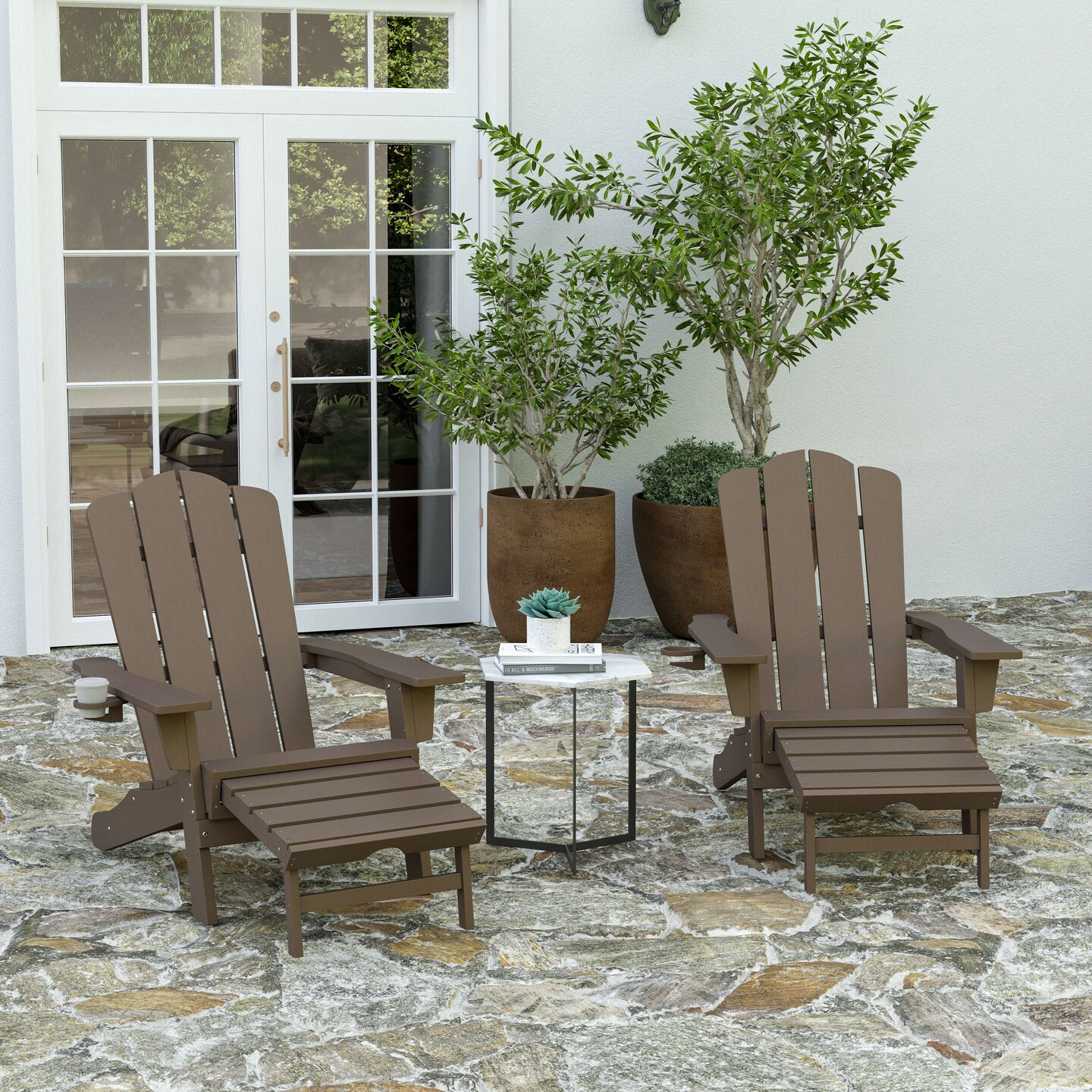 Merrick Lane Nassau Set of 2 Adirondack Rocking Chairs with Cup Holder, All-Weather HDPE Indoor/Outdoor Chairs