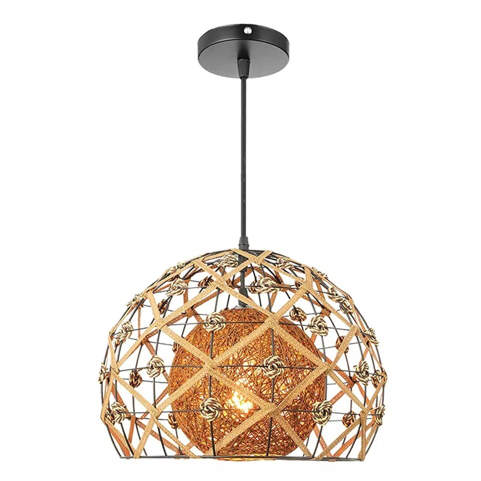 Vintage Style Natural Rattan Shade Ceiling Light Fixture Hanging Pendant Lamp