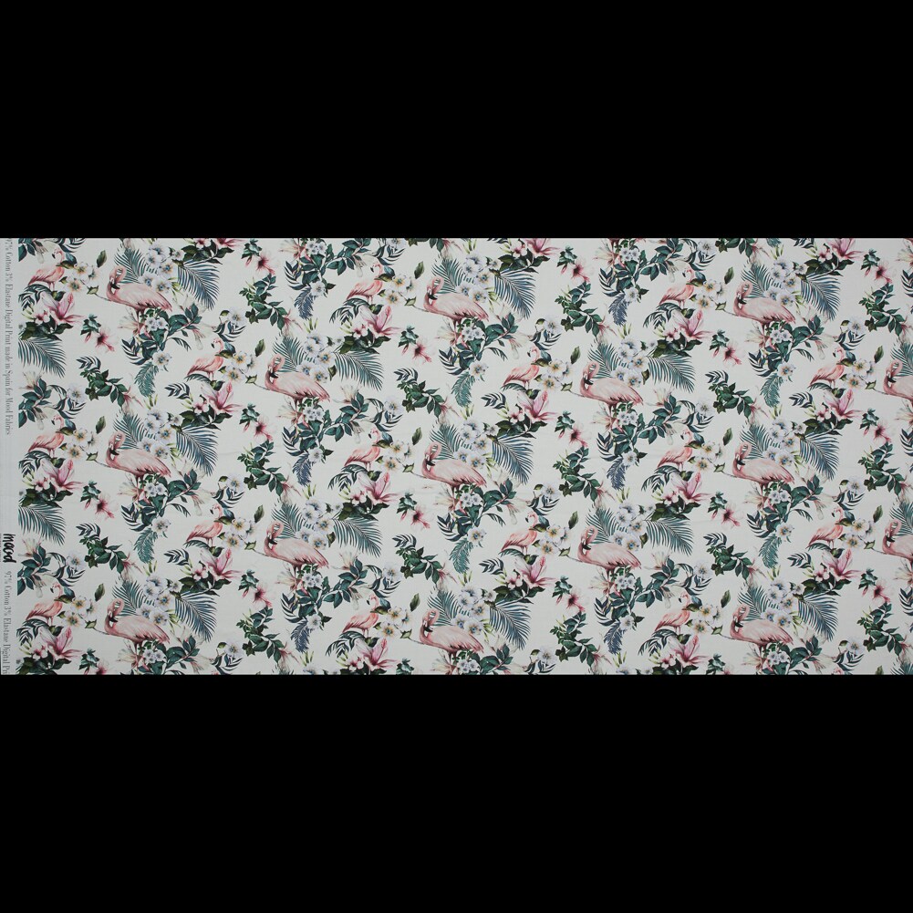 1 Yard Stretch Cotton Sateen White Flamingos and Leaves Balance of Unity Print Fabric