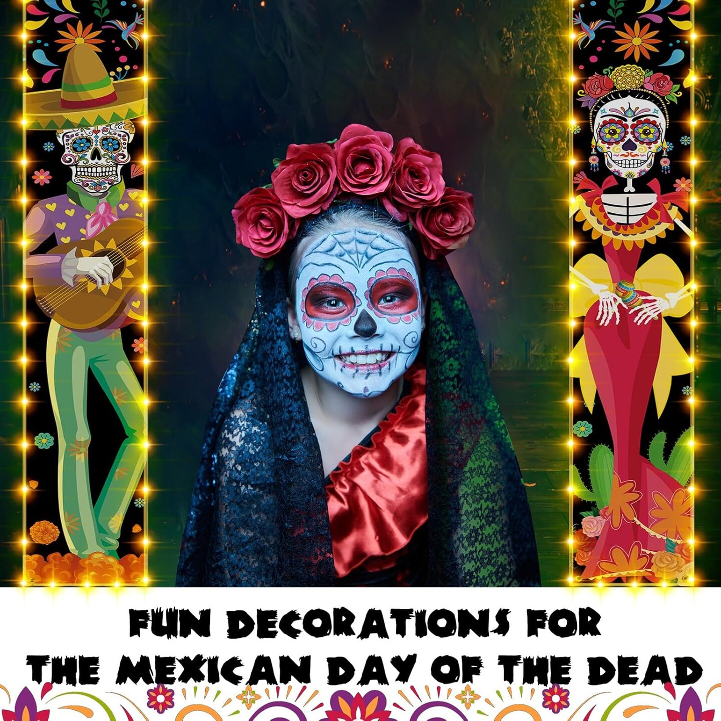 3 Pcs Lighted Day of the Dead Porch Sign Banner (Halloween) 12&#x22;L x 7&#x22;W