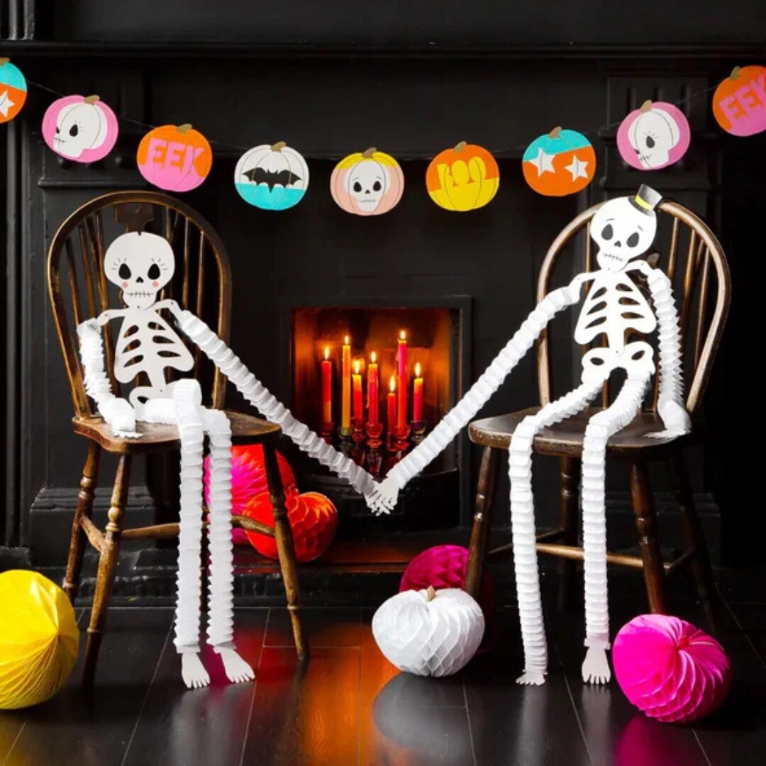 Friendly Skeleton Honeycomb Halloween Decorations – Non-Scary Kids & Family Party Décor, 2 Pack