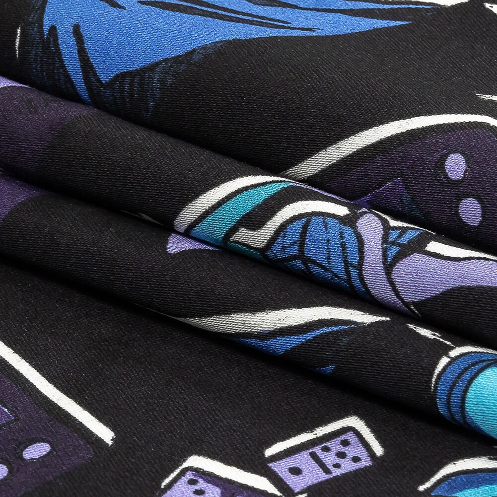 1 Yard Purple and Blue Iconic Symbols Live at Sun Studio Print Stretch Cotton Sateen Fabric