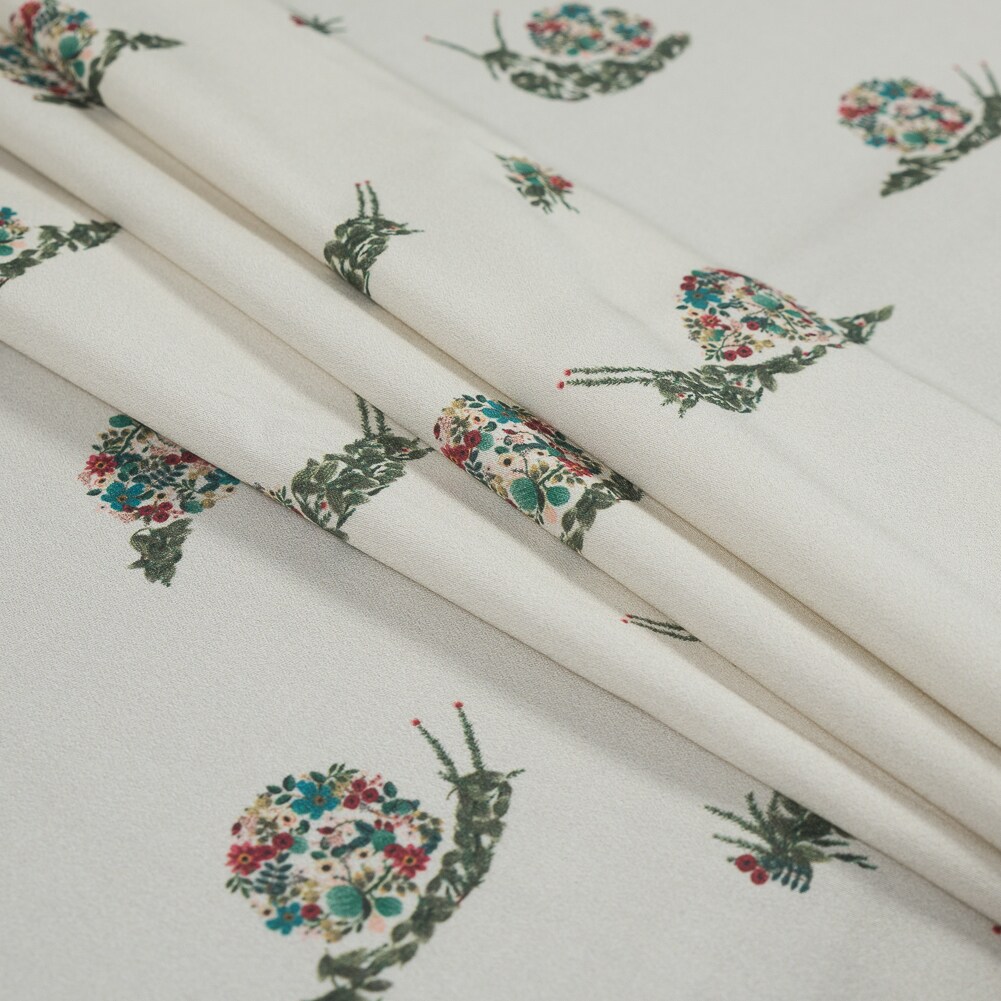 1 Yard White & Beige Floral & Snails Stretch Cotton Sateen Fabric Snails Bounty 55 inch Width