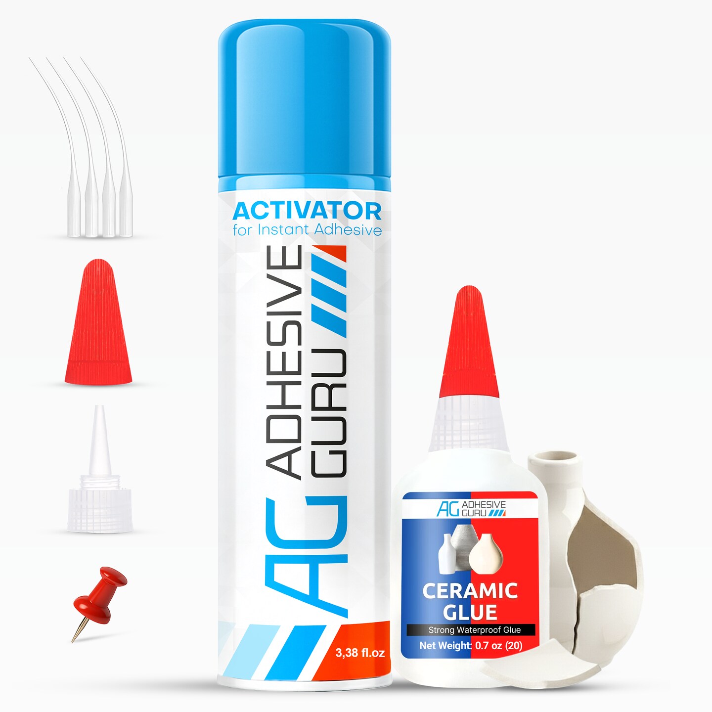 ADHESIVE GURU Ceramic Repair Kit, AG Ceramic Glue 0.7 oz. &#x26; Activator Spray 3.38 fl oz. Set, Fast-Drying Adhesive Set for Porcelain, Pottery, Crafts