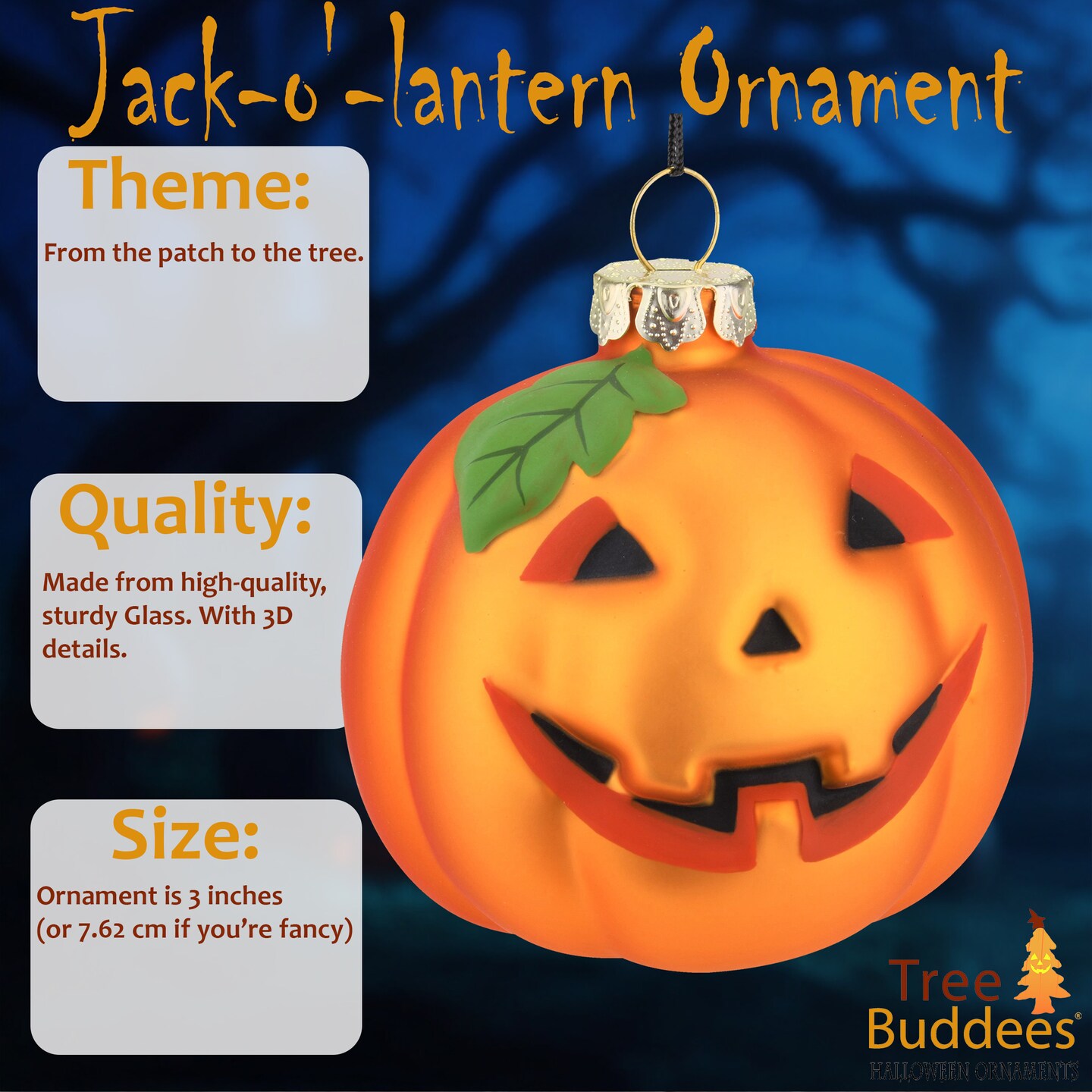 Tree Buddees Pumpkin Glass Bulb Jack-o&#x27;-lantern Halloween Ornament