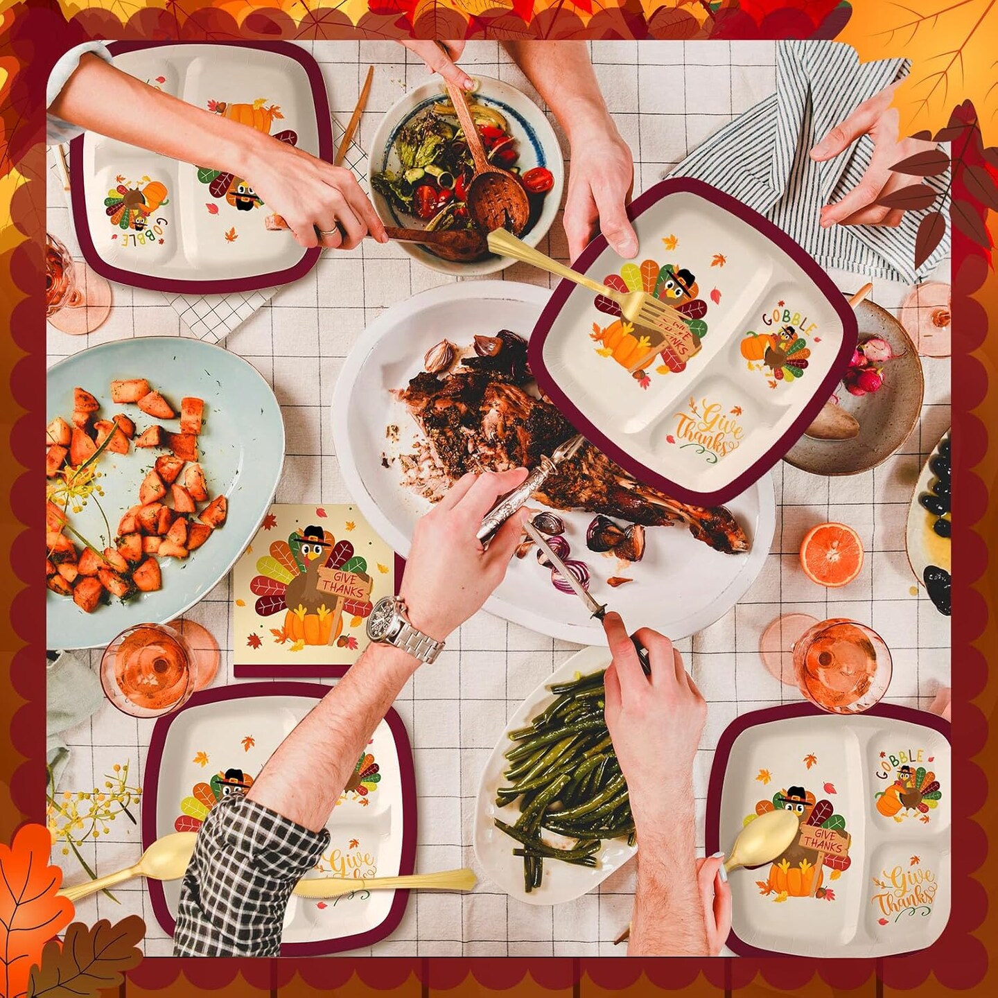 150 Pcs Thanksgiving Turkey Divided Paper Plates (warm color)