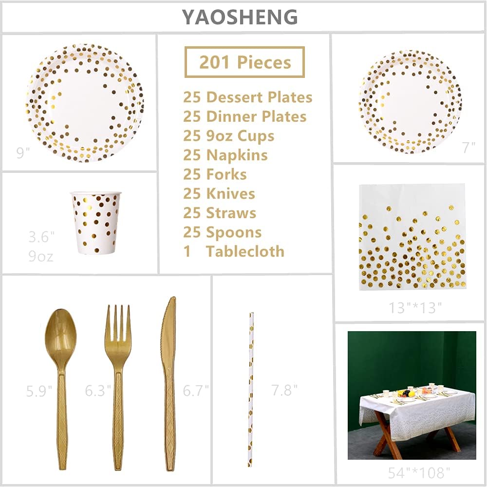 201 Party Supplies Set - Disposable Paper Tableware Sets Serves 25 (Gold Dot)
