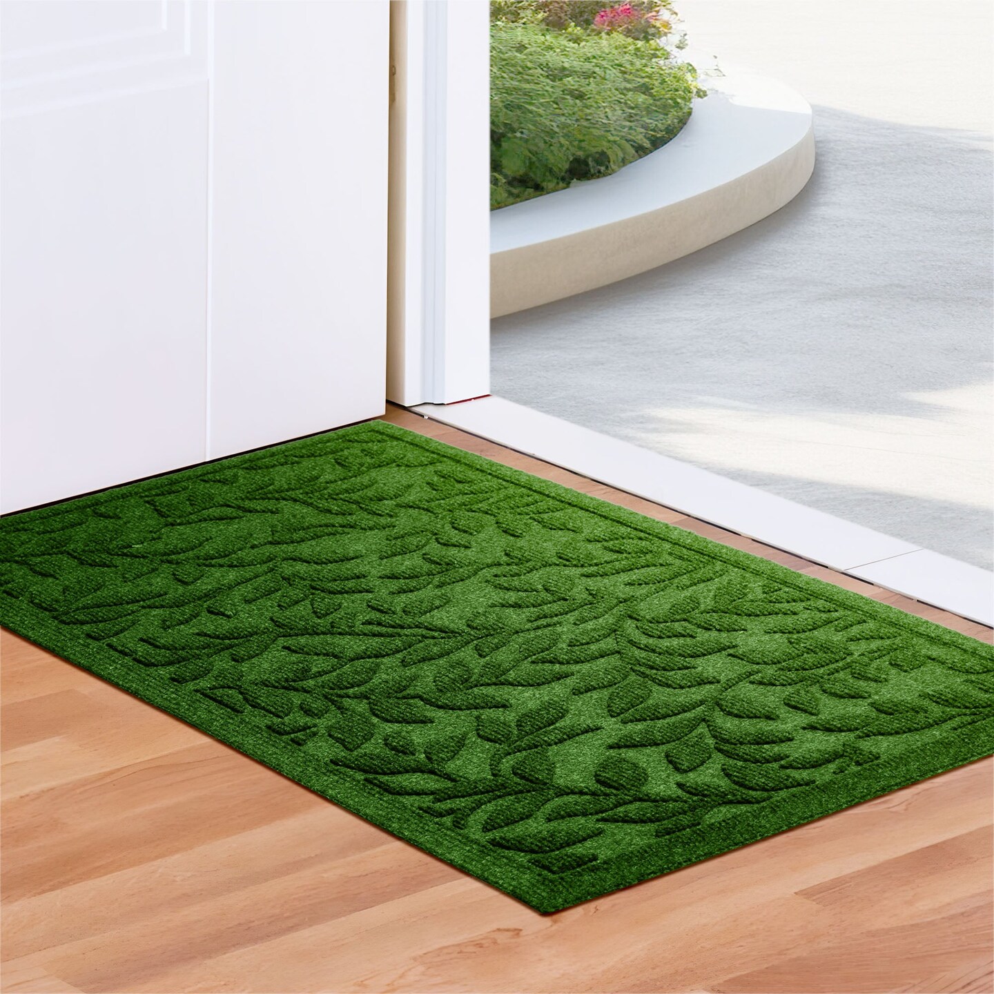 G128 Home Entrance Green Leaves Door Mat | 17x29.5 In | Thick Absorbent Natural Rubber Non Slip, Indoor/Outdoor, Easy Clean, Welcome Mats for Front Door/Patio/Garage
