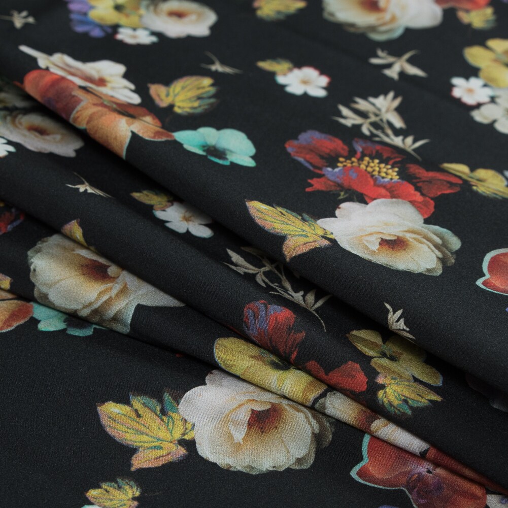 1 Yard Black Floral Pressed Flower Perfection Stretch Cotton Sateen Fabric