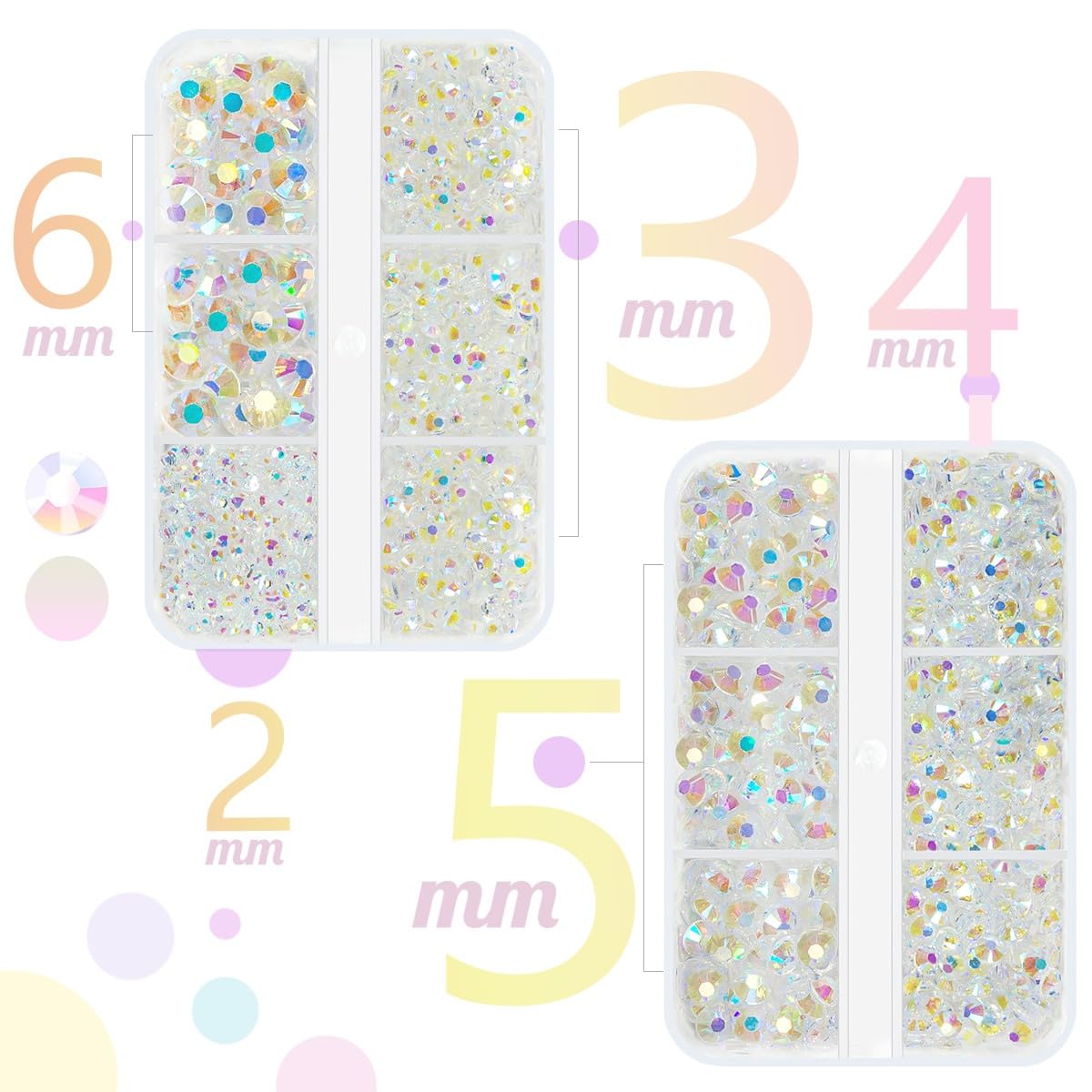 qiipii Transparent White AB Resin Flatback Rhinestones for Crafting 2mm 3mm 4mm 5mm 6mm Clear AB Flatback Jelly Stones Gems Diamonds for Nails Face Eyes Makeup Tumblers Mugs Bottles DIY Crafts