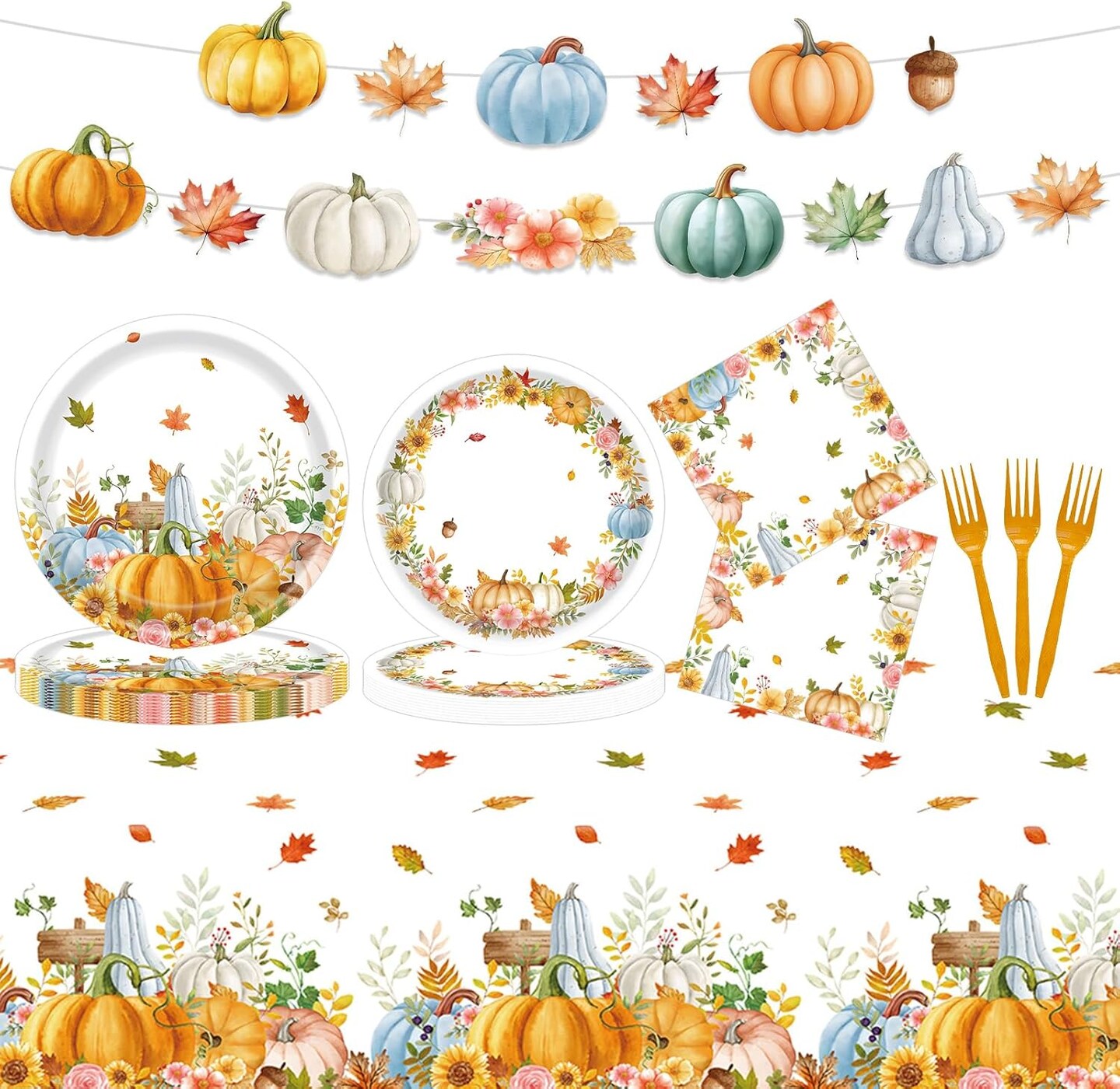 99 Pcs Thanksgiving Plates and Napkins Party Supplies (Fall Pumpkin - 99pcs)