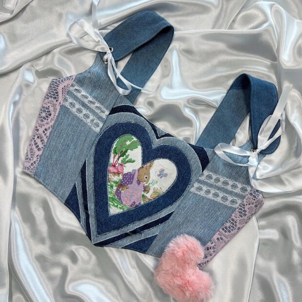 Patchwork Denim Heart Corset Top – Handmade Lace Trim Bustier with